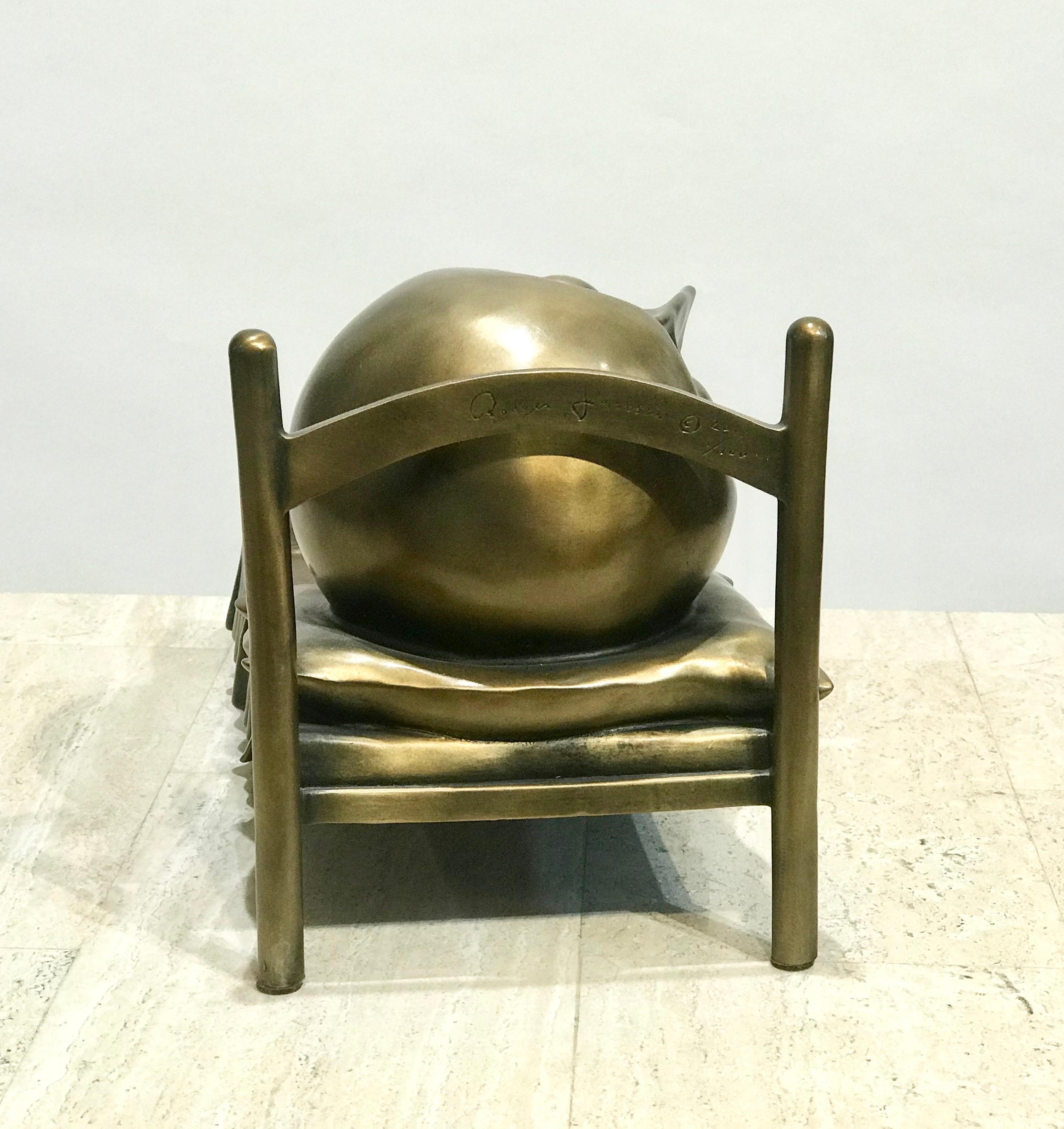 Slumber, Rodger Jacobsen bronze sculpture skinny man sleeping bed with big head For Sale 3
