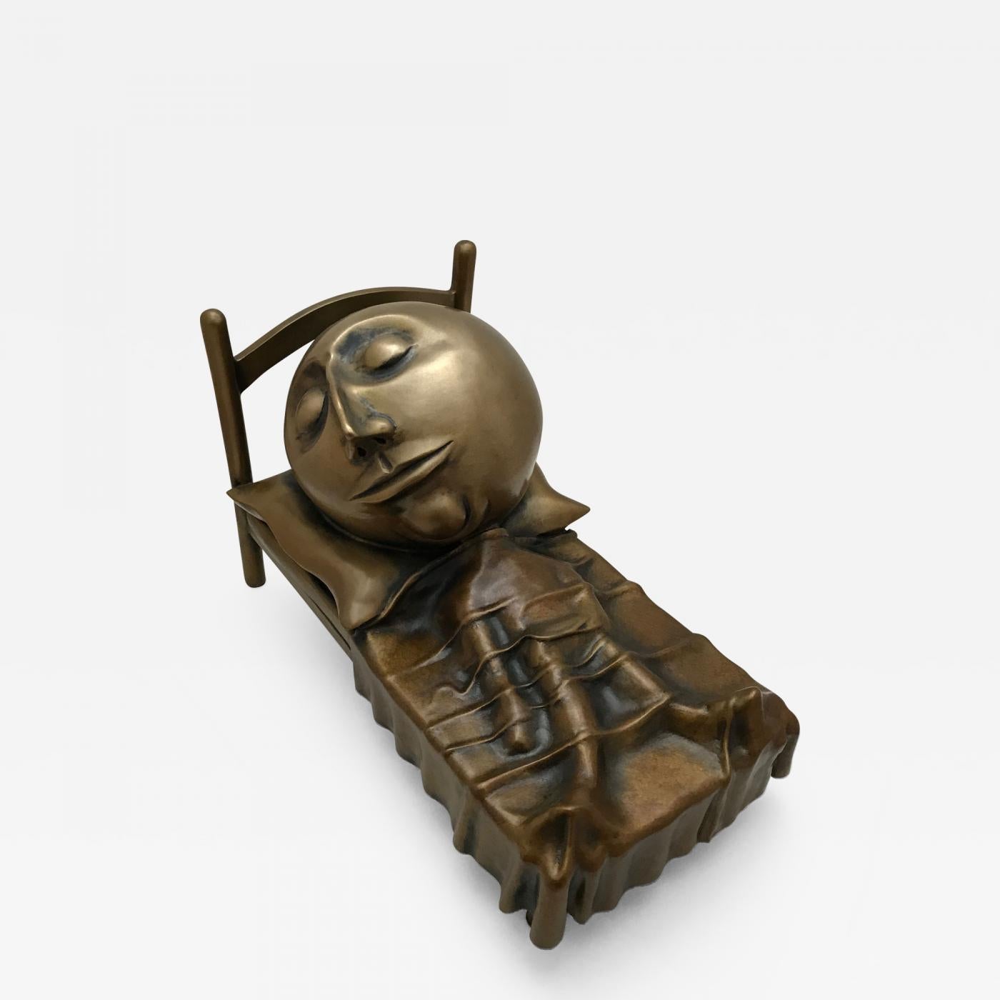 Slumber, Rodger Jacobsen bronze sculpture skinny man sleeping bed with big head For Sale 4