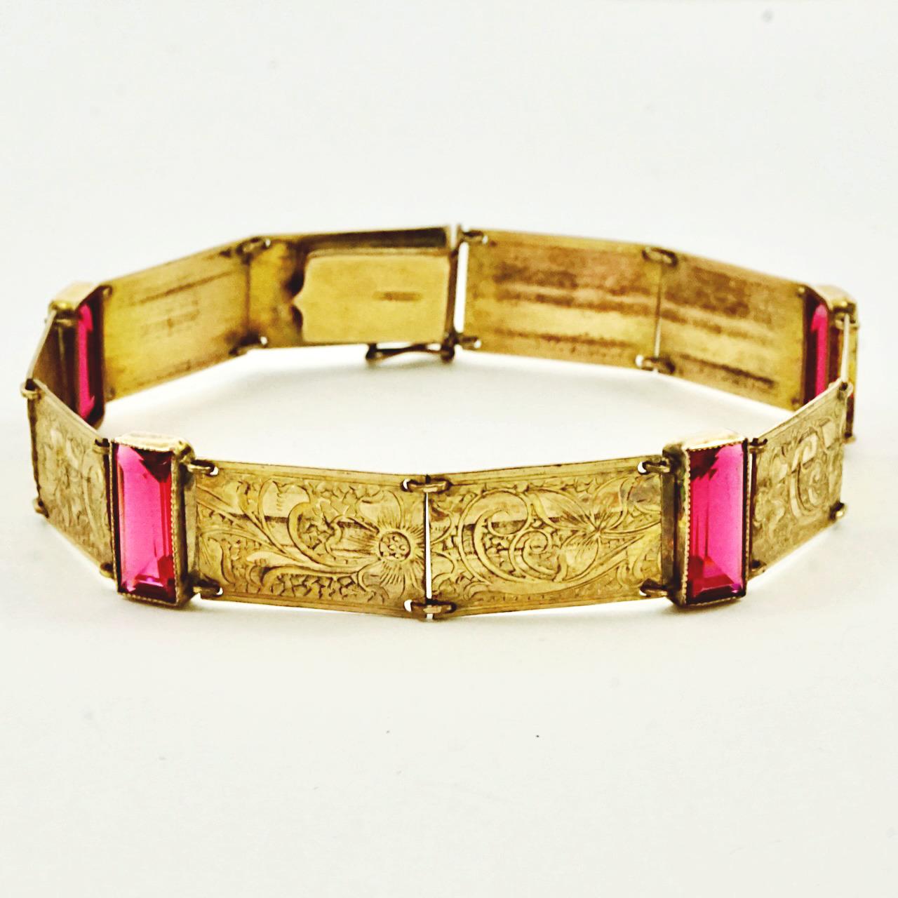 Rodi and Wienenberger Antique Gold Plated Link Bracelet with Magenta ...
