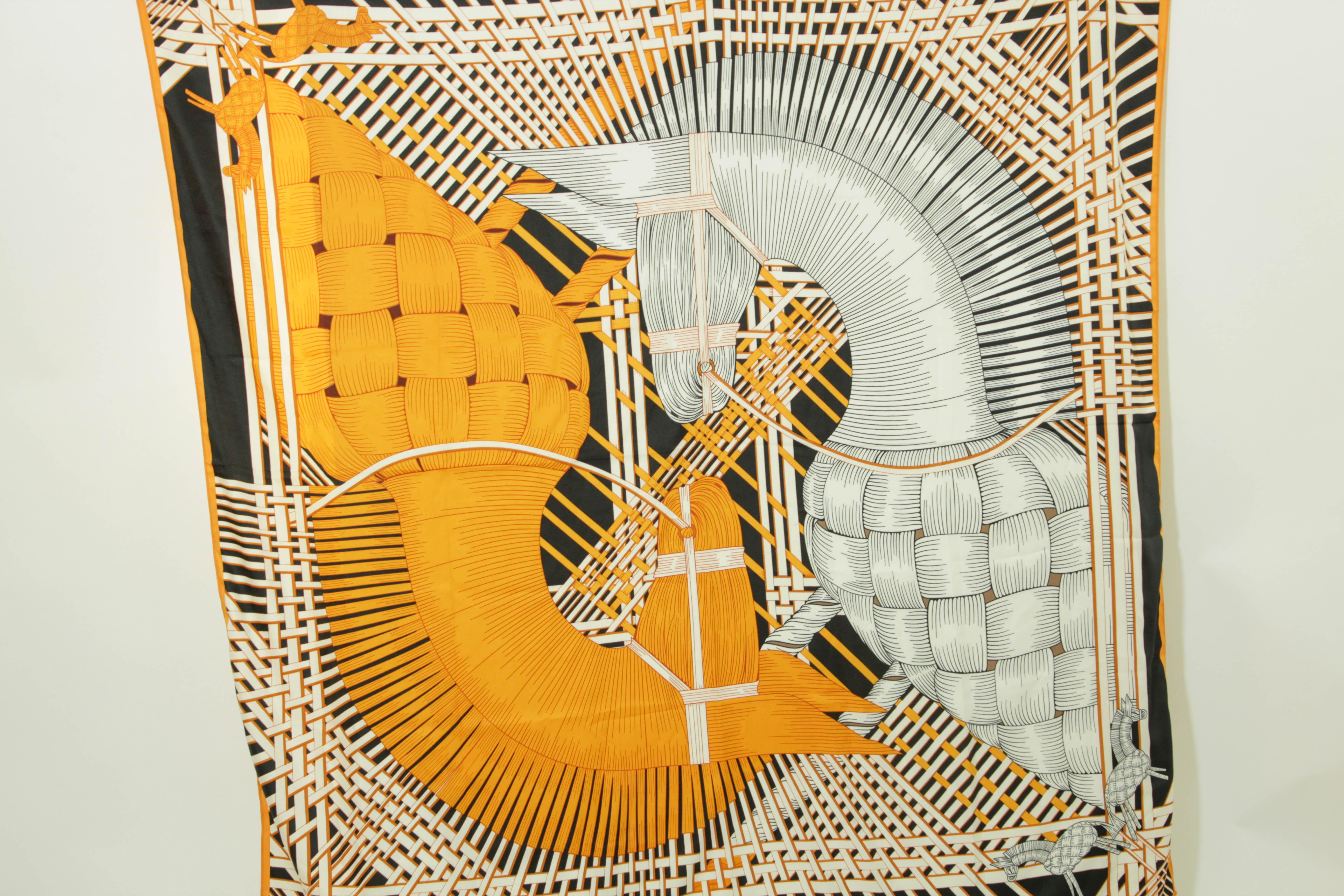 RODIER Paris Masan Design 51 in. Large Shawl in Orange Black and White For Sale 7