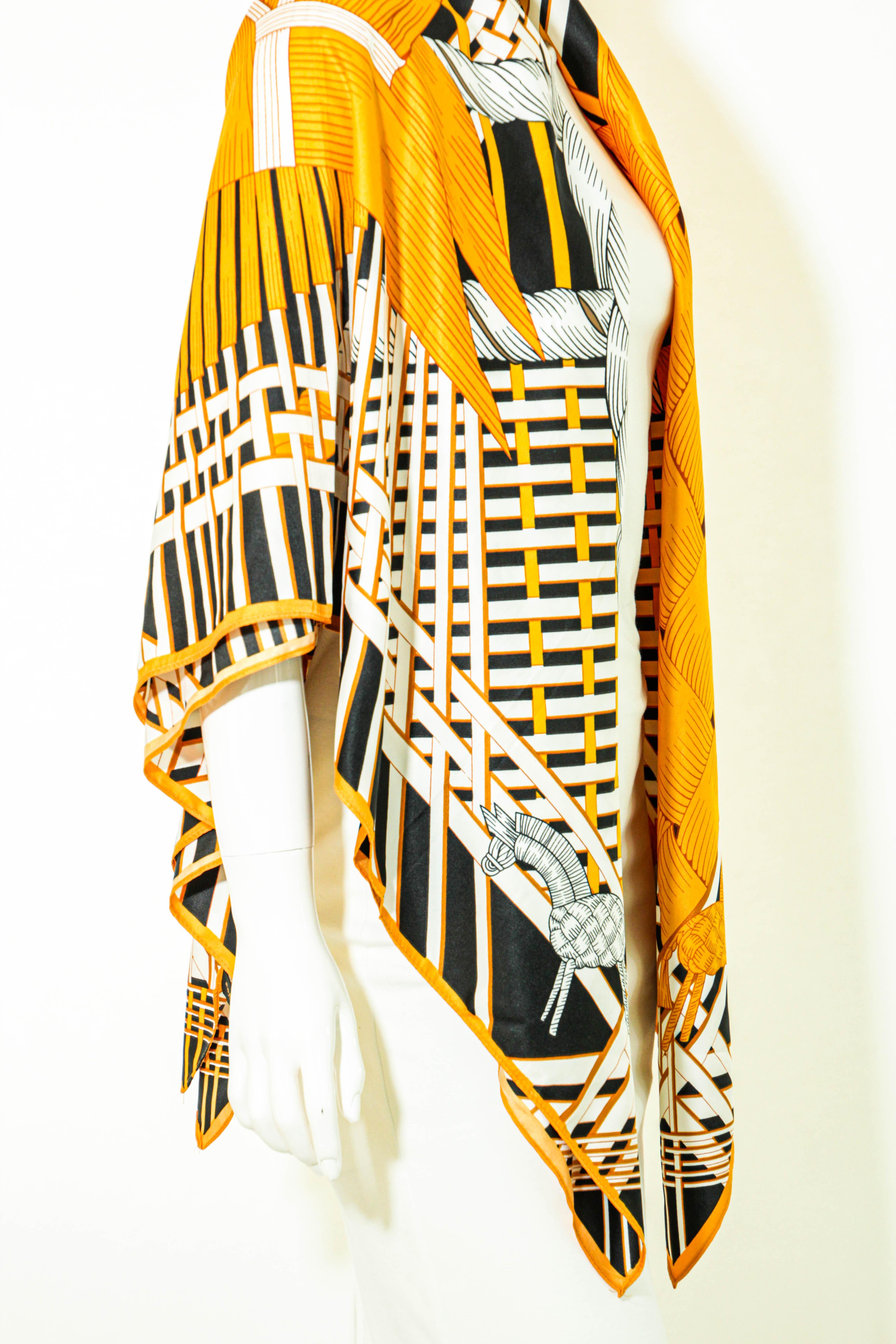 RODIER Paris Masan Design 51 in. Large Shawl in Orange Black and White For Sale 11