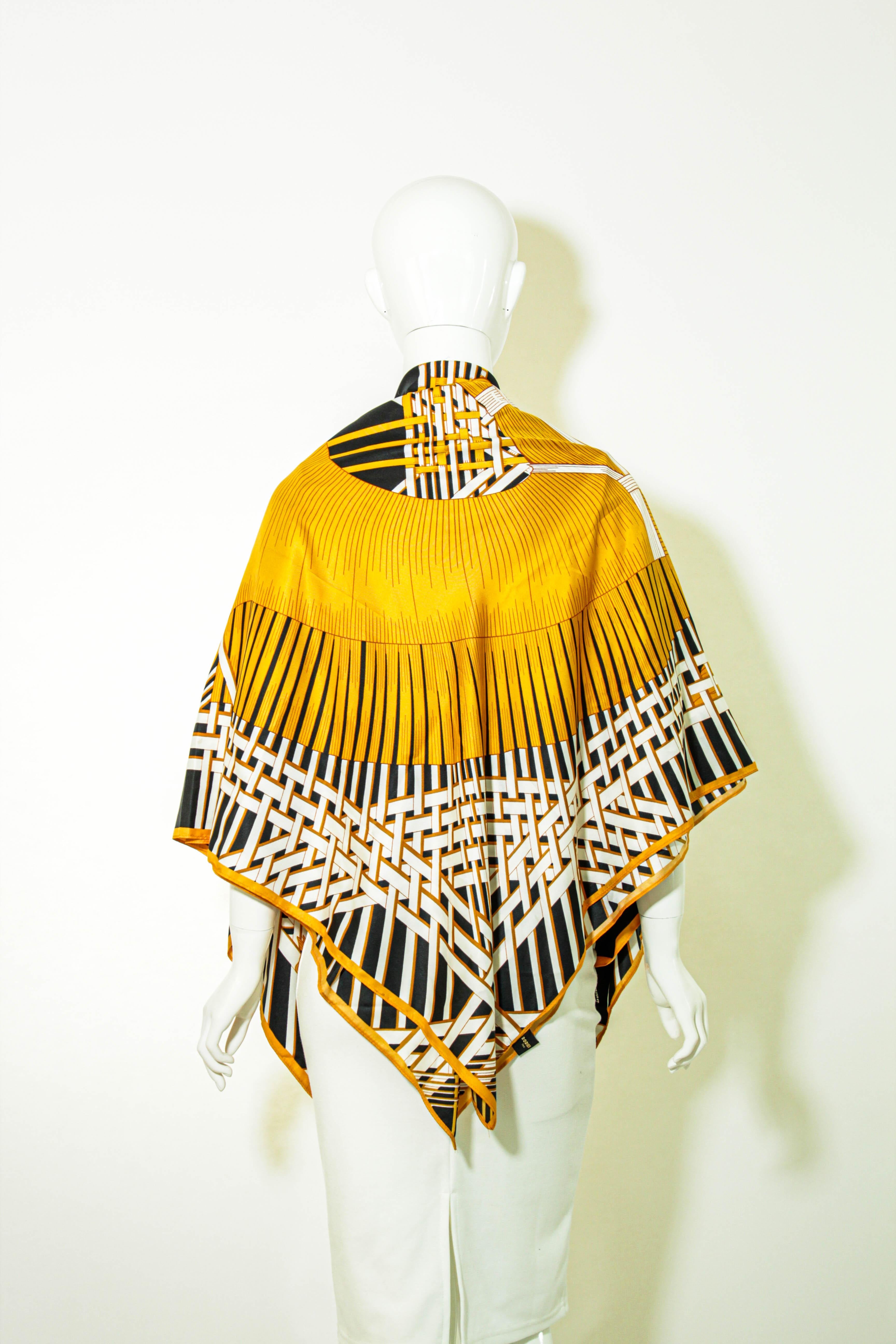 RODIER Paris Masan Design 51 in. Large Shawl in Orange Black and White In Good Condition For Sale In North Hollywood, CA