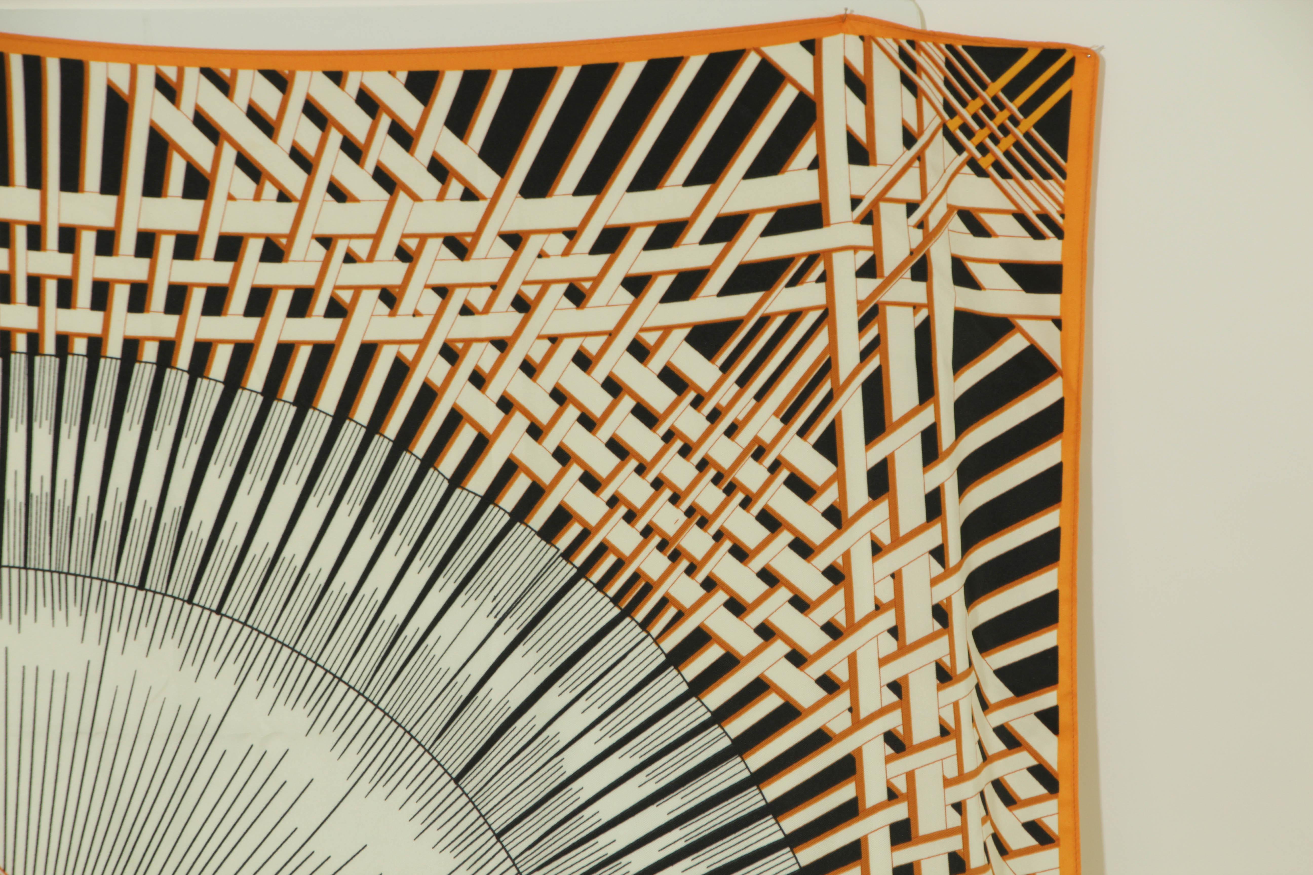RODIER Paris Masan Design 51 in. Large Shawl in Orange Black and White For Sale 4