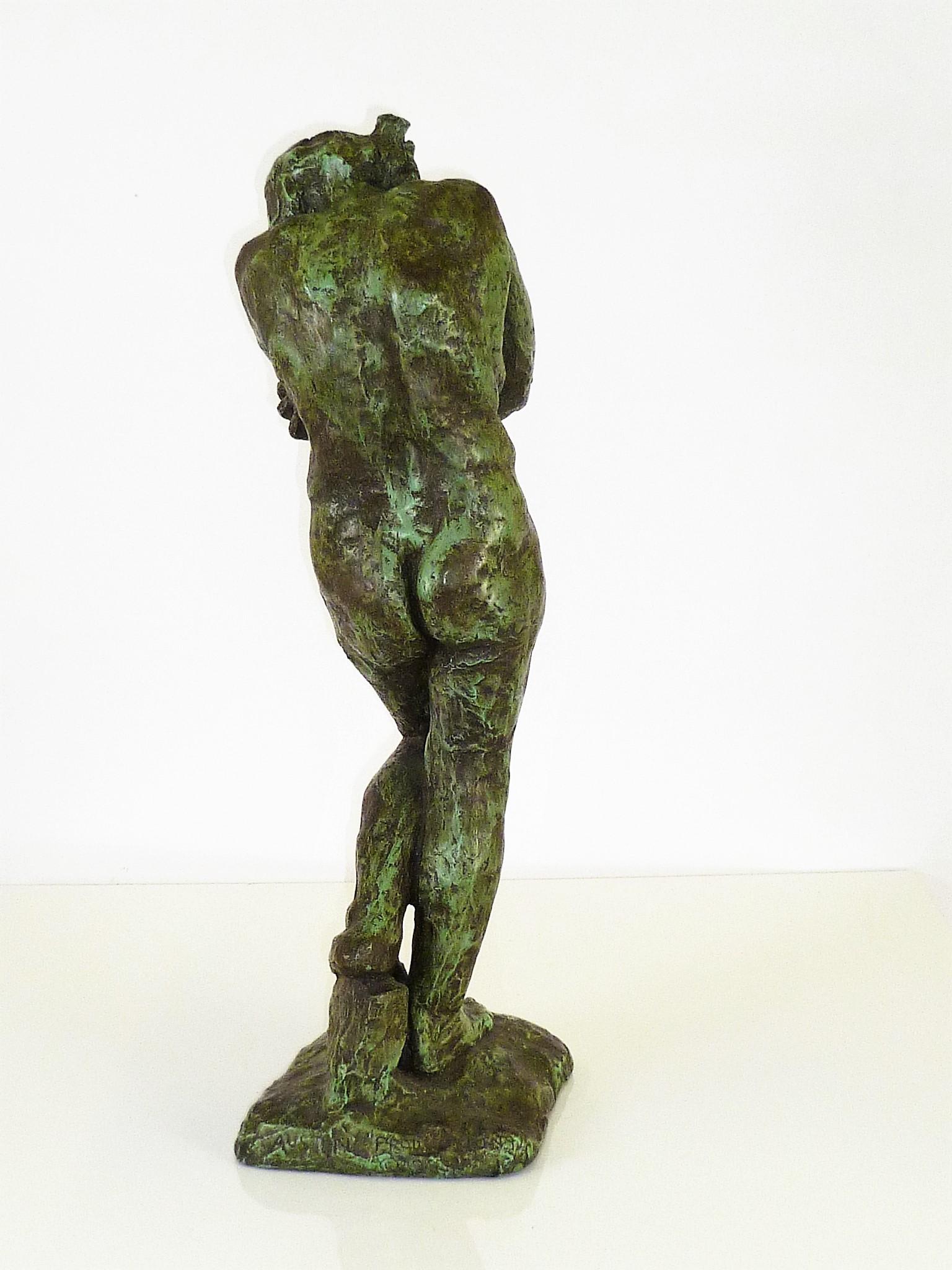 Classical female nude, reproduced in 1962 in verdigris plaster to resemble aged bronze of Eve in Rodin’s The Gates of Hell creation of 1881. Rodin borrowed the stand of Eve from Micheangelo’s The Expulsion from Paradise painted in the ceiling of the