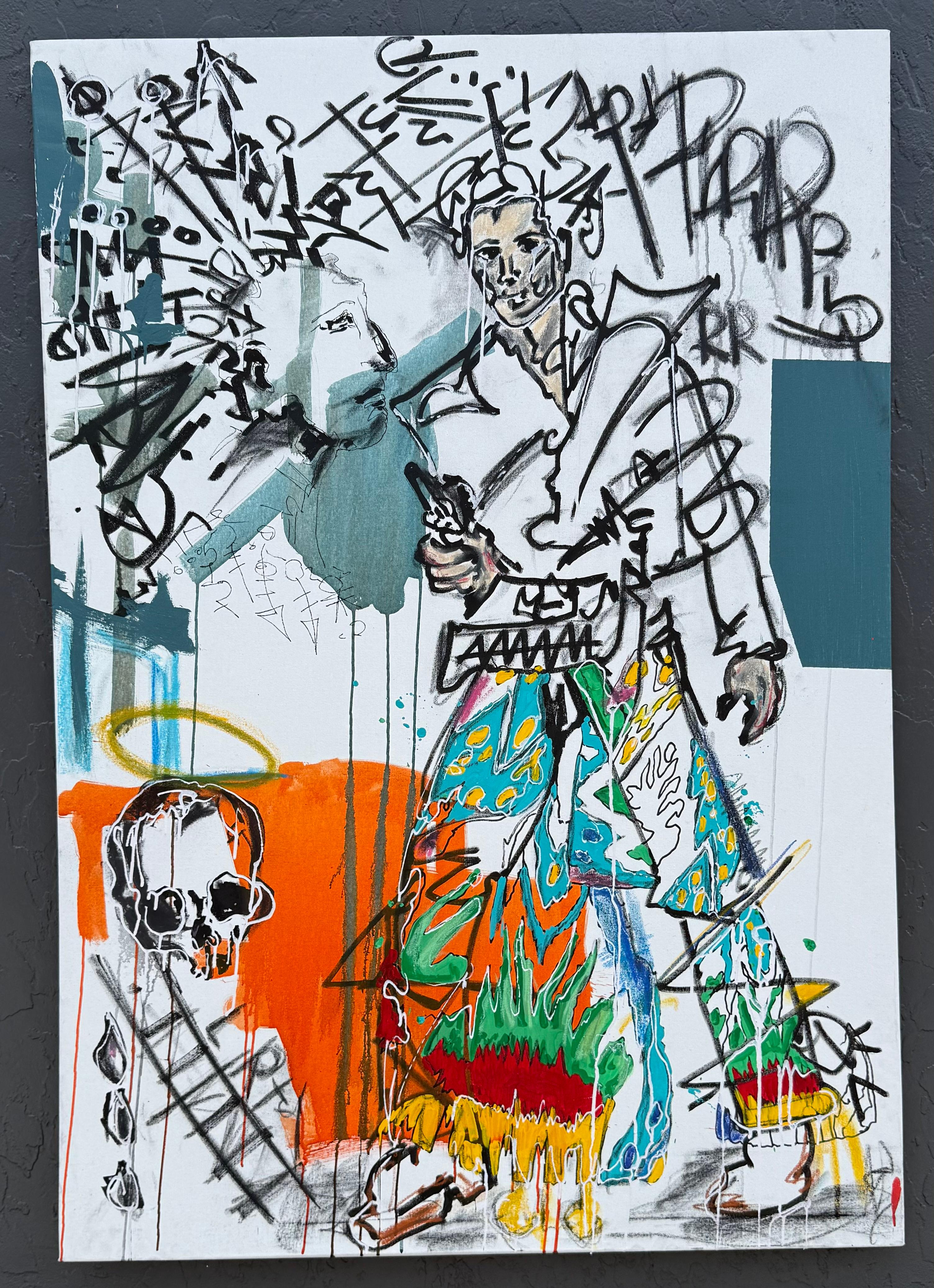 <p>Artist Comments<br>Symbolic details scatter around a figure with a gun. A skull with a halo, a ladder, and abstract marks add hints of danger and ambiguity, creating a scene that feels suspended between reality and imagination. Sharp lines,
