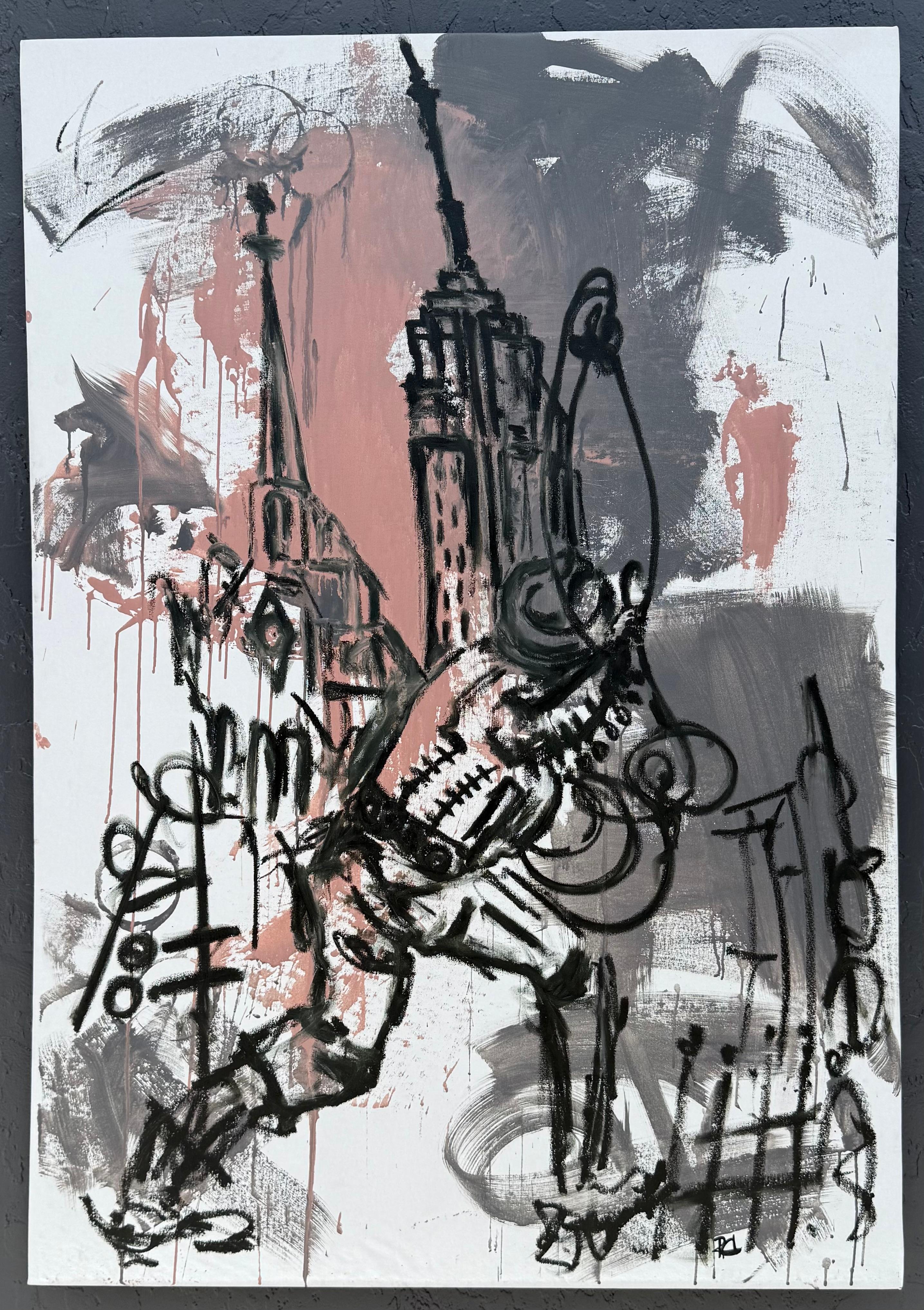 <p>Artist Comments<br>Architecture and human form merge in a fragmented cityscape. Artist Rodion Gilmitdinov captures the raw energy of urban life through expressive, gestural lines and a limited, earthy palette. The piece reflects his instinctive