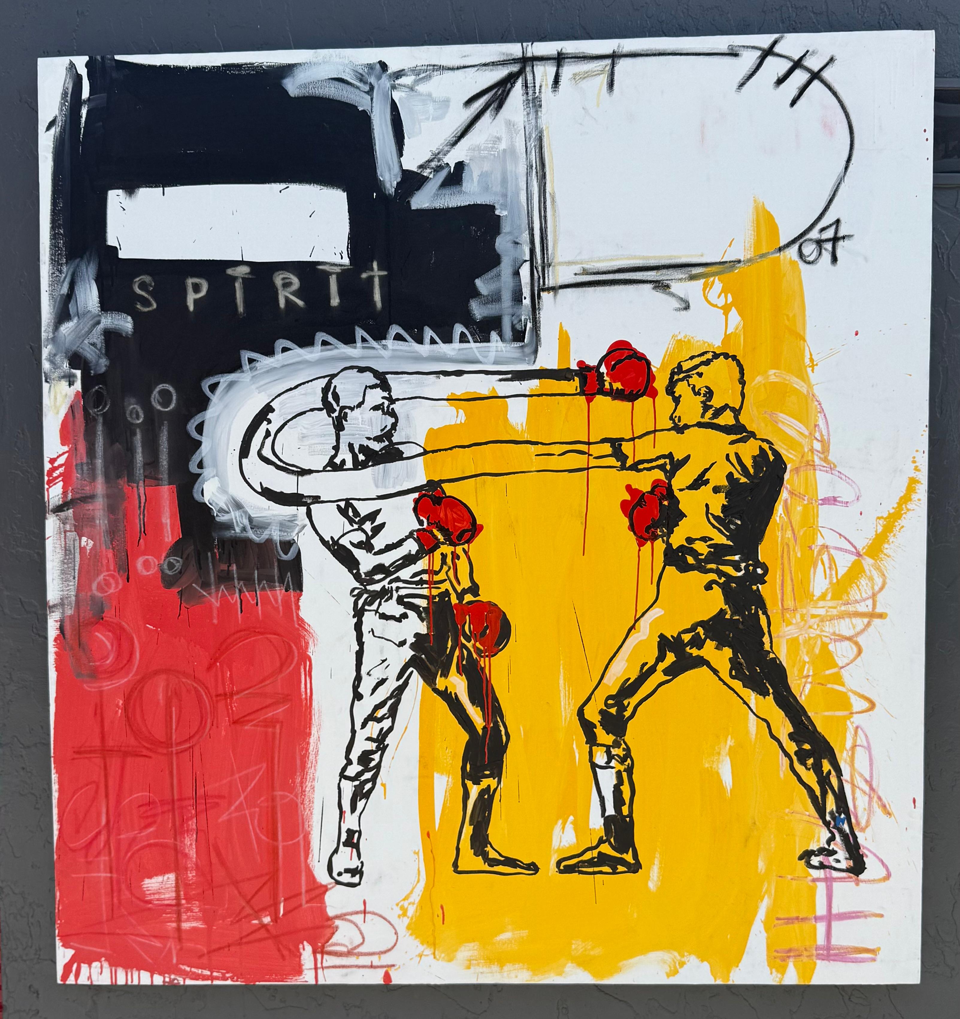 <p>Commentaires de l'artiste<br>Cette peinture mixte capture l'intensité d'un match de boxe à travers des blocs de couleur audacieux, un travail de ligne dynamique et des gestes expressifs. Le contraste entre le rouge, le jaune et le noir renforce