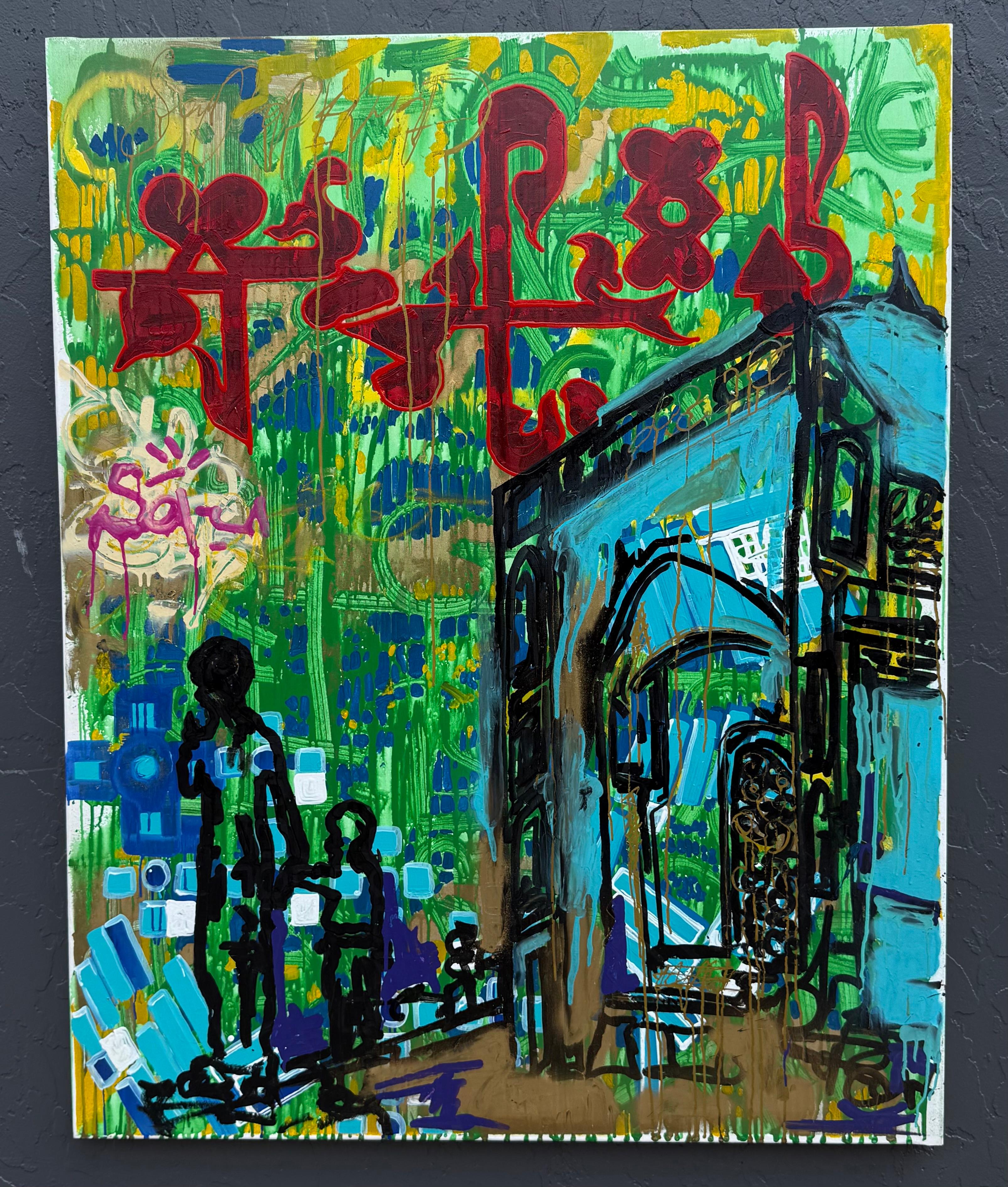 <p>Artist Comments<br>Acrylic paint, oil sticks, and charcoal build a layered urban dreamscape. Artist Rodion Gilmitdinov contrasts fluid drips and vibrant geometric textures with bold silhouetted figures and an architectural archway. The scene