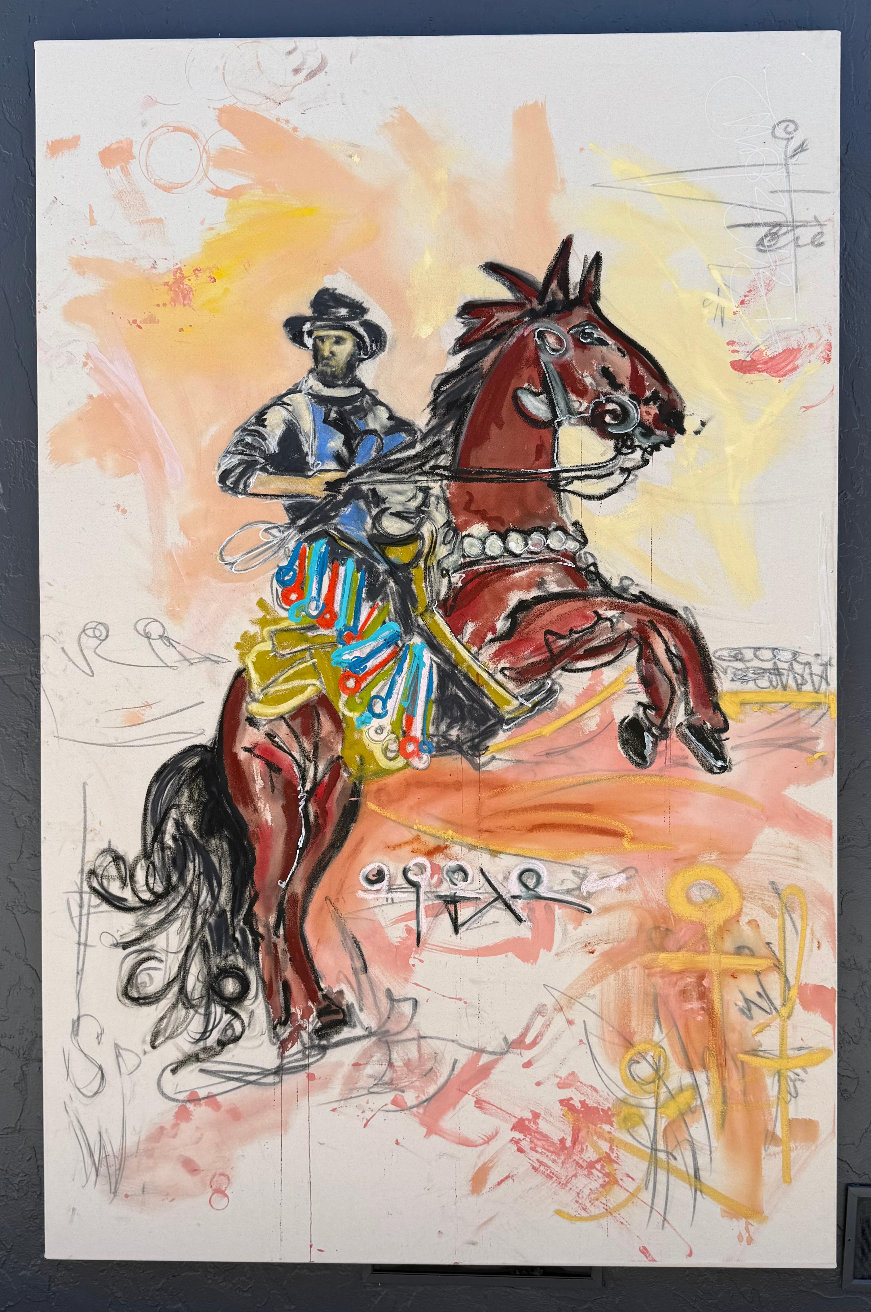 <p>Artist Comments<br>This expressive work portrays a rearing horse and rider with vivid energy and movement. Created with oil paint, pastel, acrylic paint, charcoal, and oil sticks, the piece combines bold gestures, layered texture, and warm