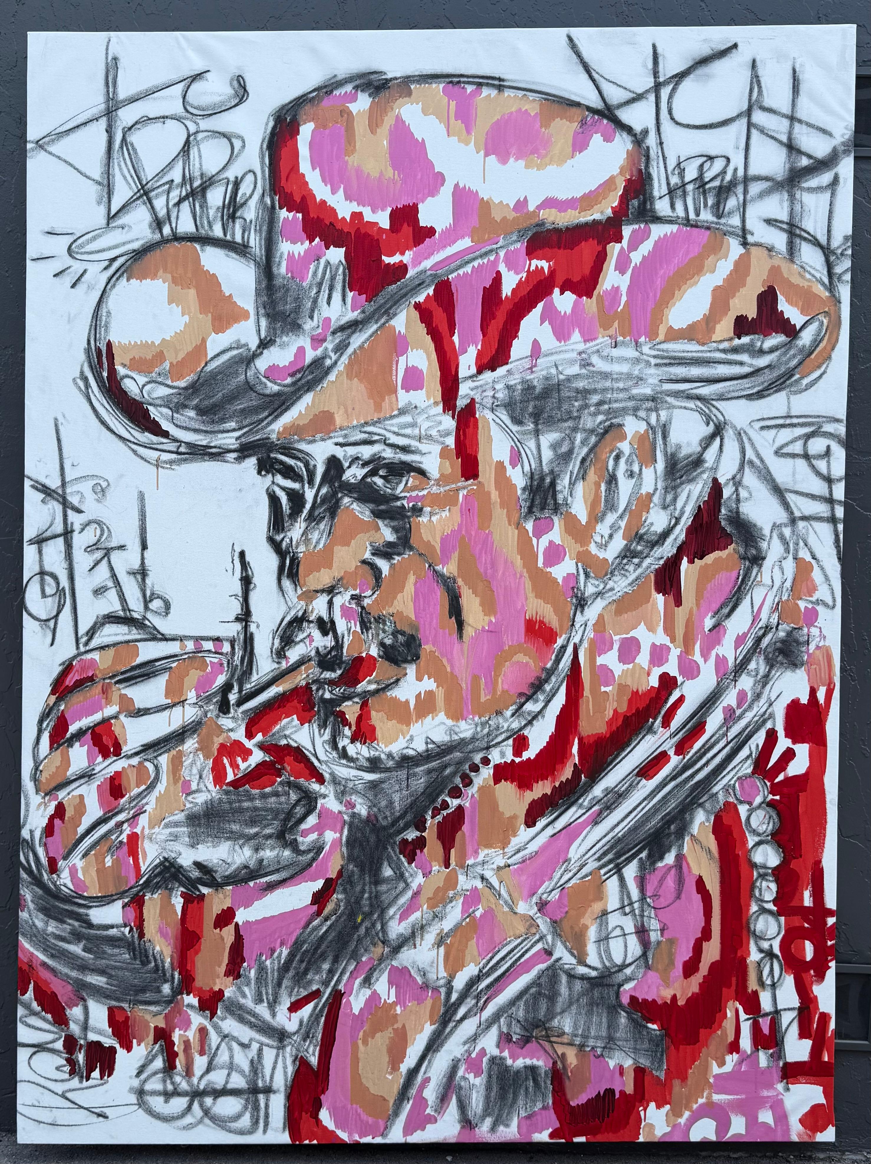 <p>Commentaires de l'artiste<br>L'artiste Rodion Gilmitdinov explore la tension entre le contrôle et l'instinct. Combinant bâton d'huile, peinture à l'huile, peinture acrylique et fusain, il construit le portrait d'un cow-boy qui semble à la fois