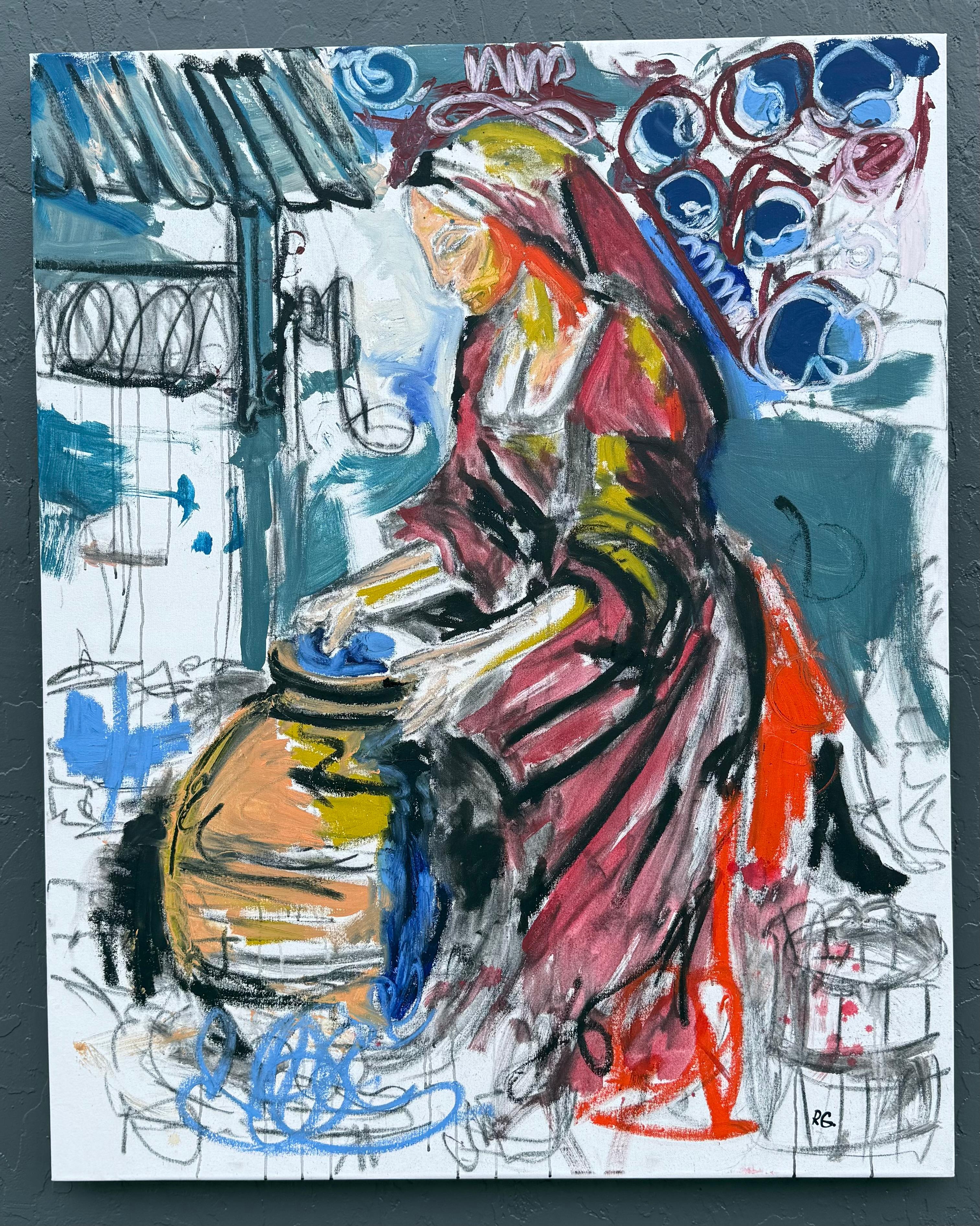 <p>Artist Comments<br>Bold, sweeping gestures portray a woman fetching water from a well. Rich reds, deep blues, and layered textures create movement and depth. Loose lines and visible underdrawing reveal the emotion and immediacy of artist Rodion