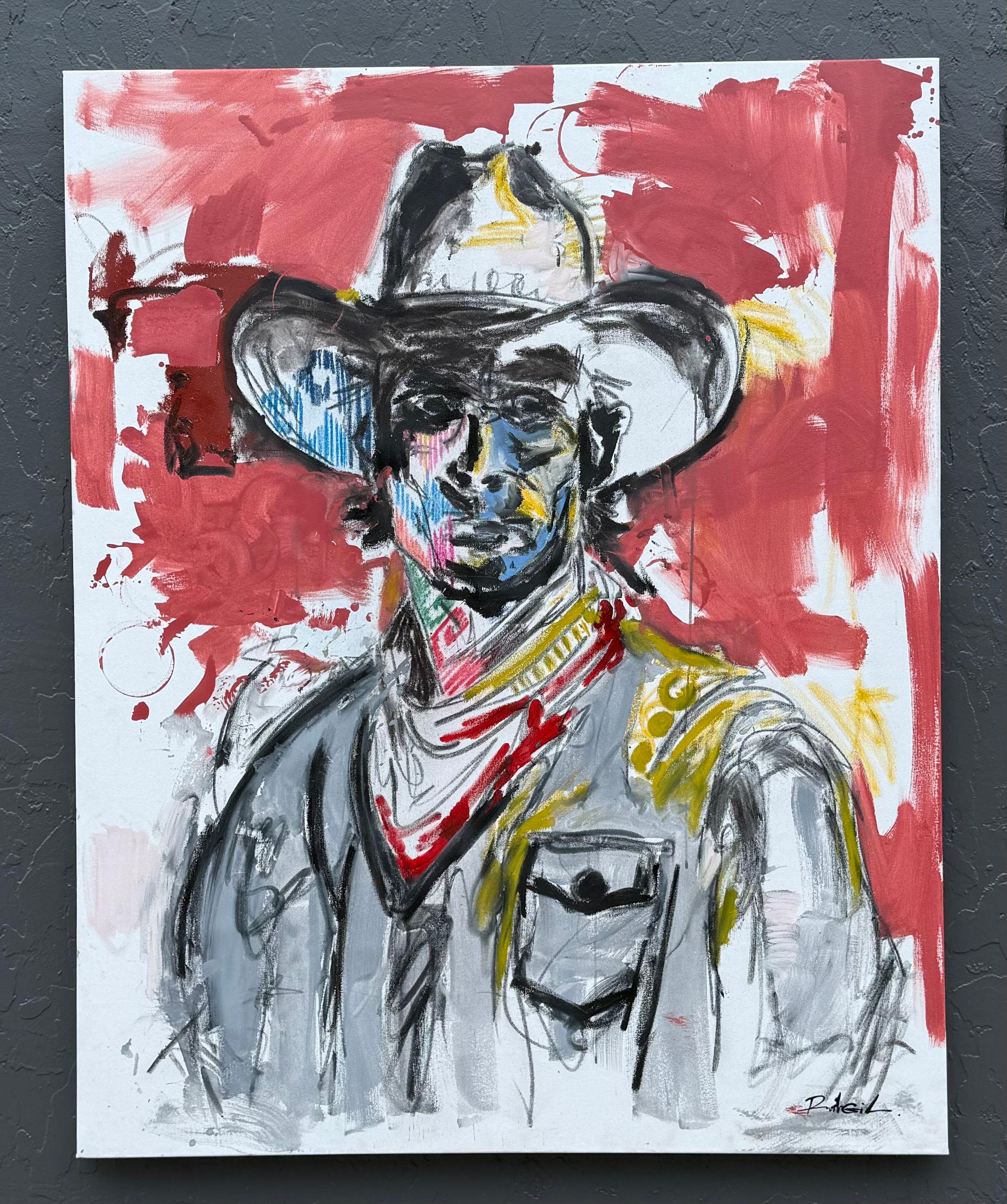 <p>Artist Comments<br>An expressive portrait of a cowboy exudes a textured, layered presence. Bold strokes and fragmented color shape the figureâ€™s face and hat, while the rough red background adds tension and atmosphere. The combination of