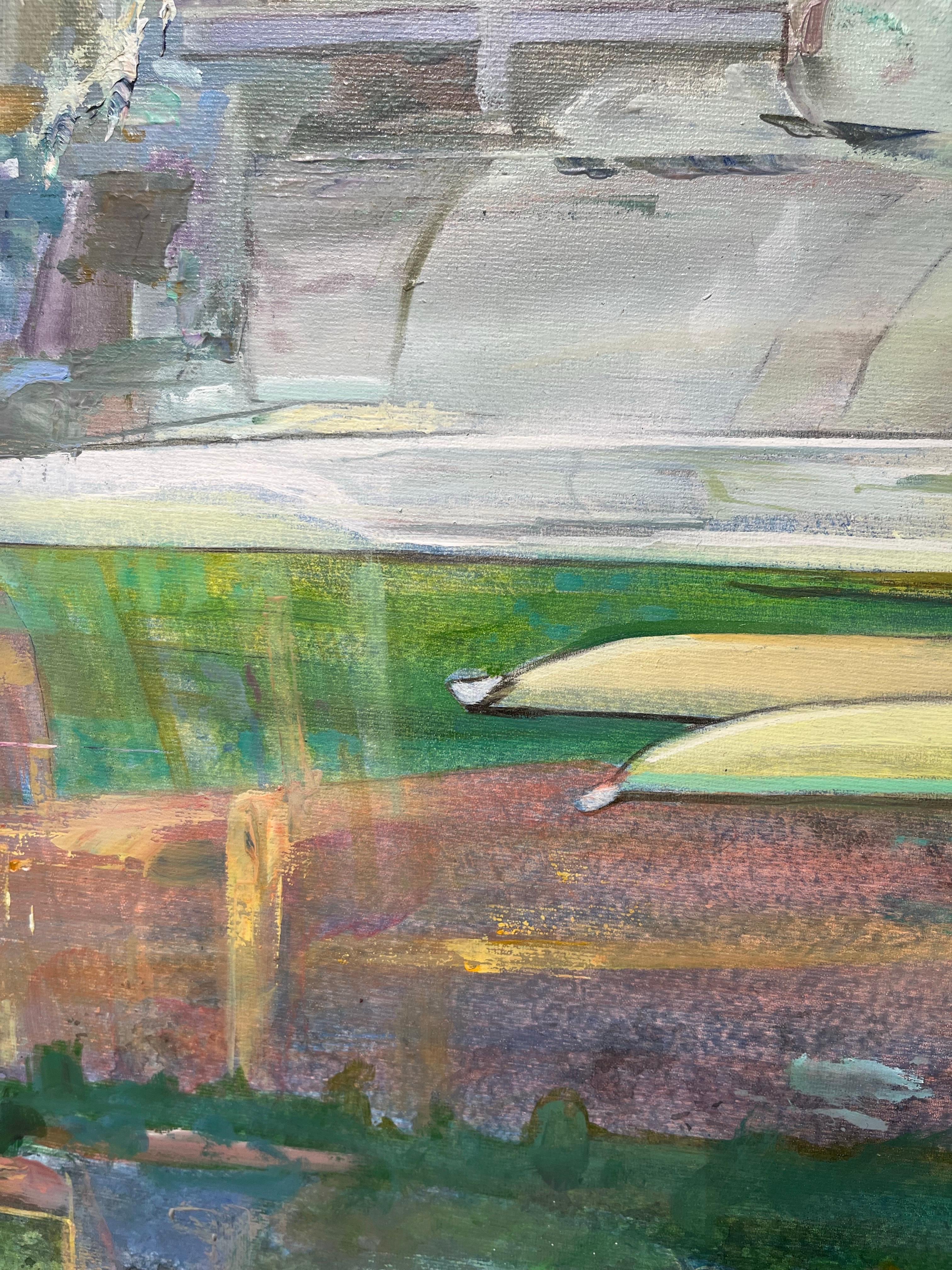 Bright Colours Realistic Oil on Canvas Painting - Cities - Landscape with Kayaks For Sale 7