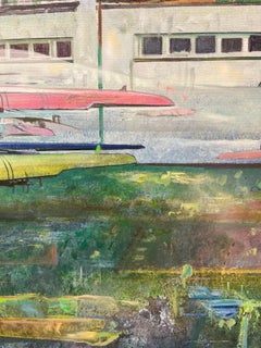 Bright Colours Realistic Oil on Canvas Painting - Cities - Landscape with Kayaks