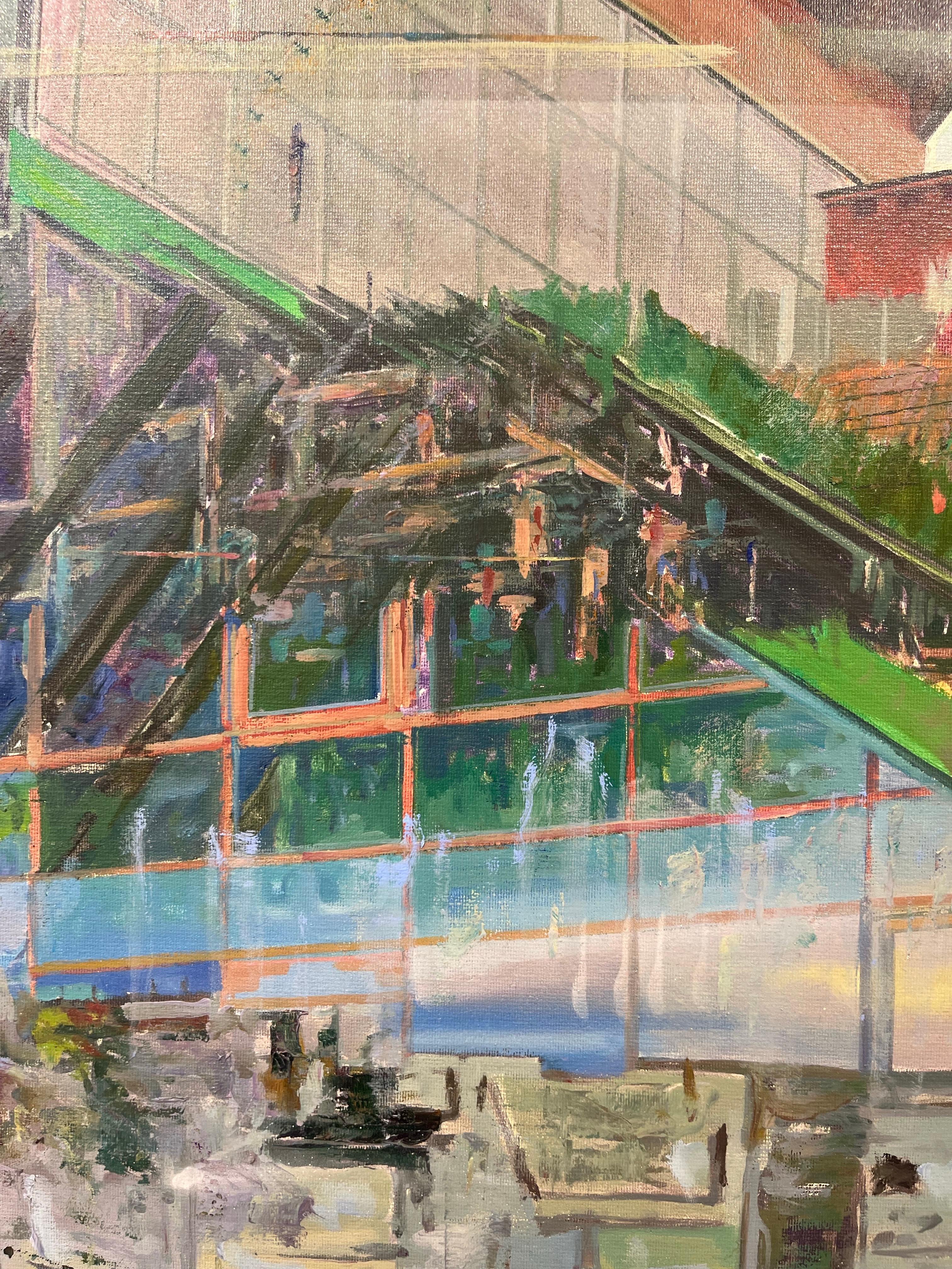 Bright Colours Realistic Oil on Canvas Painting - Cities - Landscape with Kayaks For Sale 1