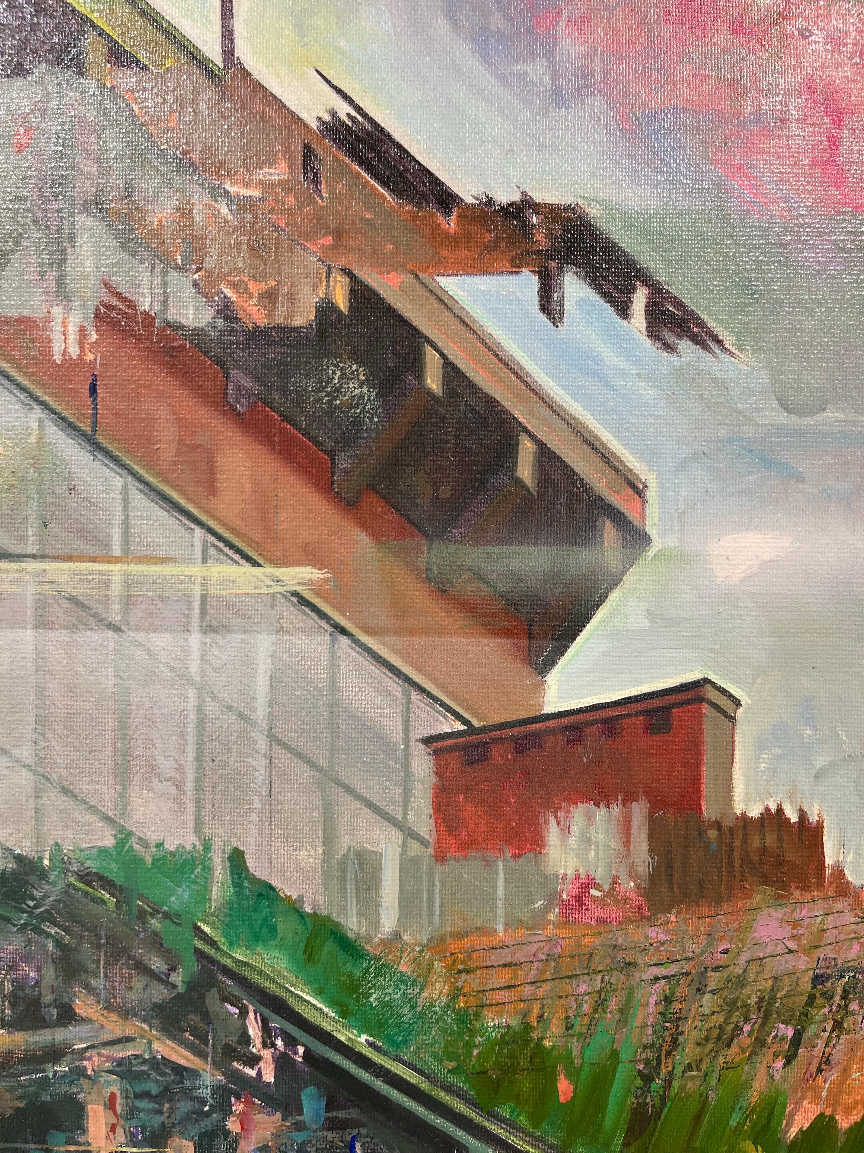 Bright Colours Realistic Oil on Canvas Painting - Cities - Landscape with Kayaks For Sale 2