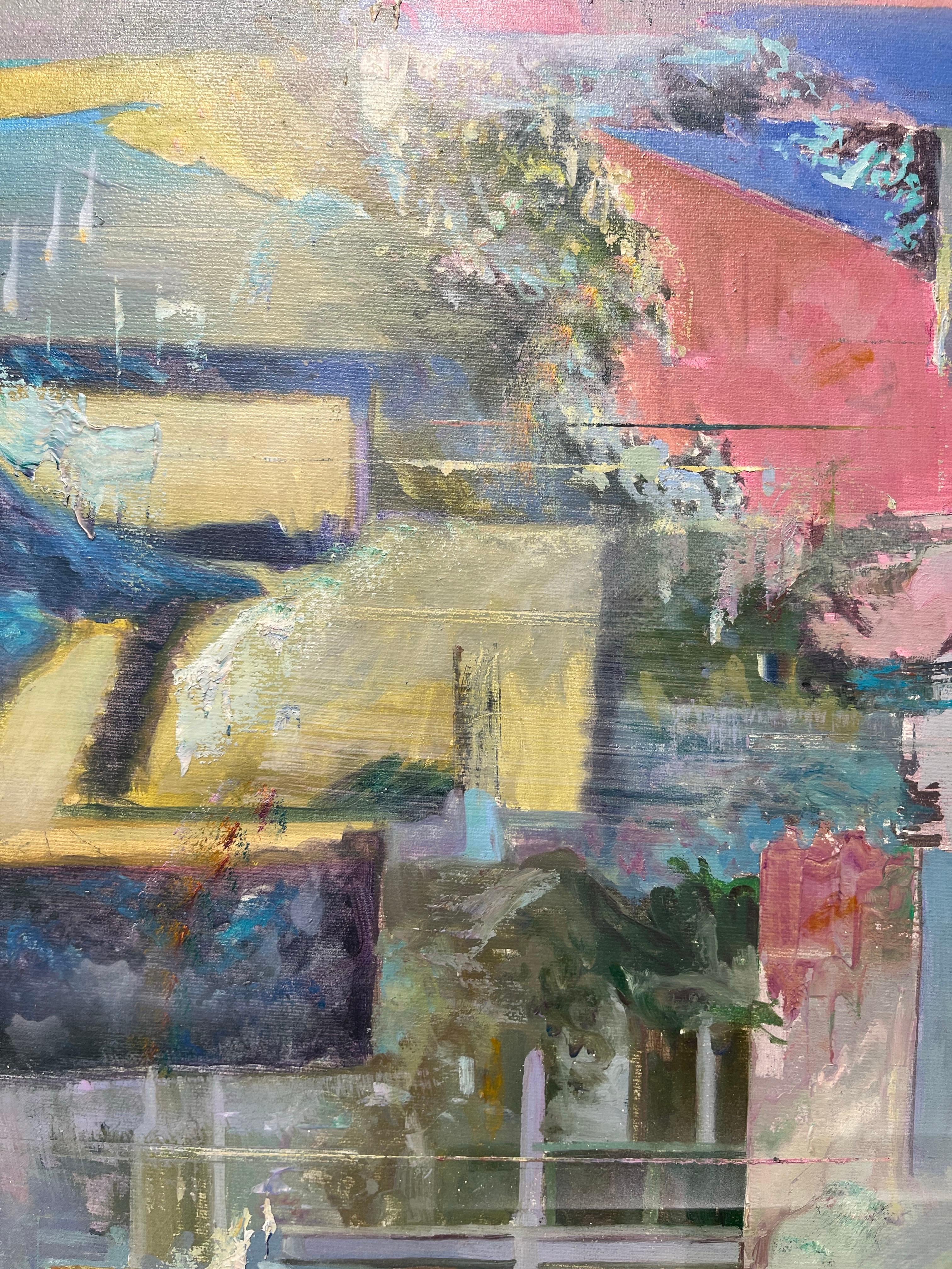 Bright Colours Realistic Oil on Canvas Painting - Cities - Landscape with Kayaks For Sale 3