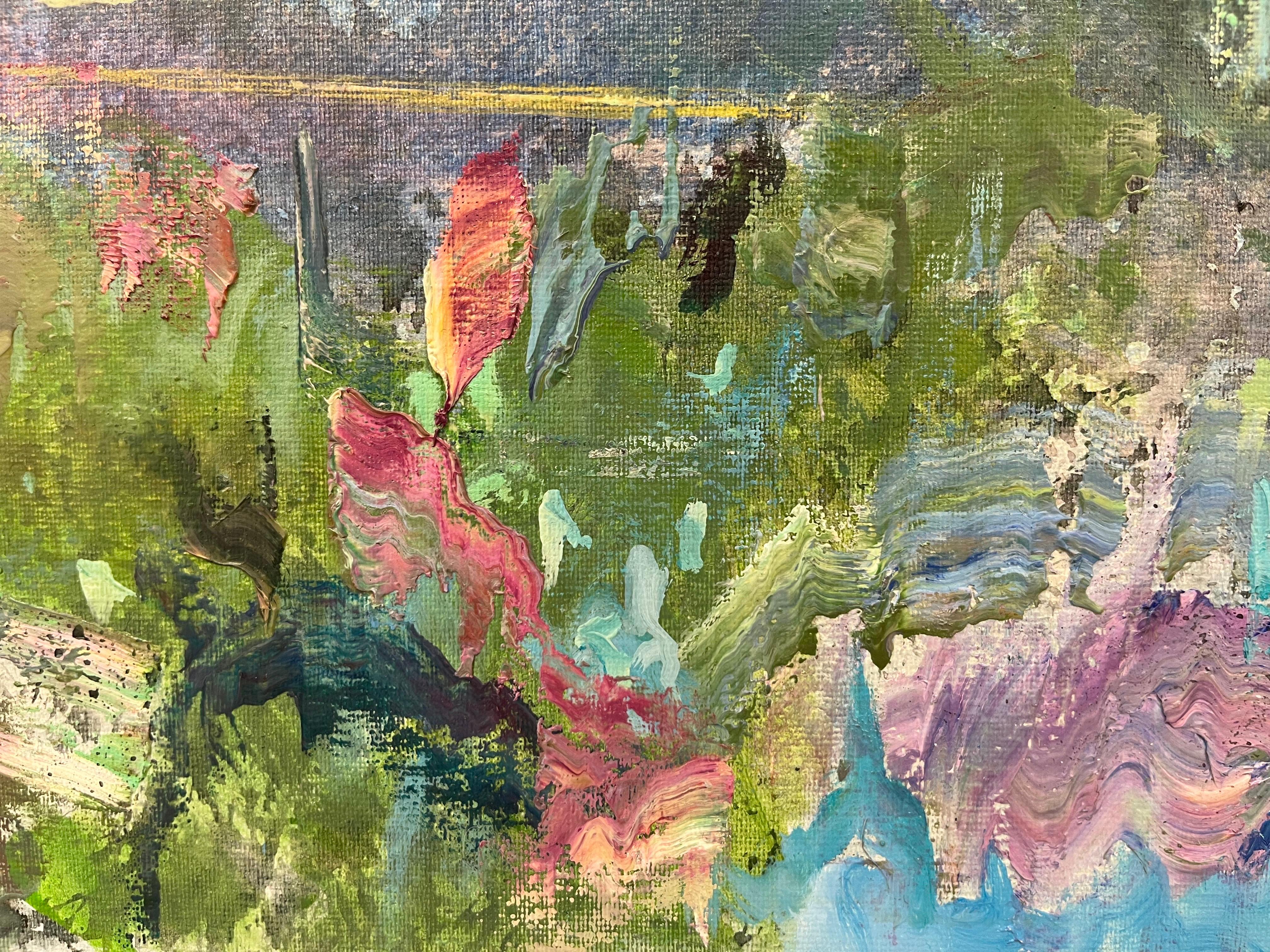 Bright Colours Realistic Oil on Canvas Painting - Cities - Landscape with Kayaks For Sale 4