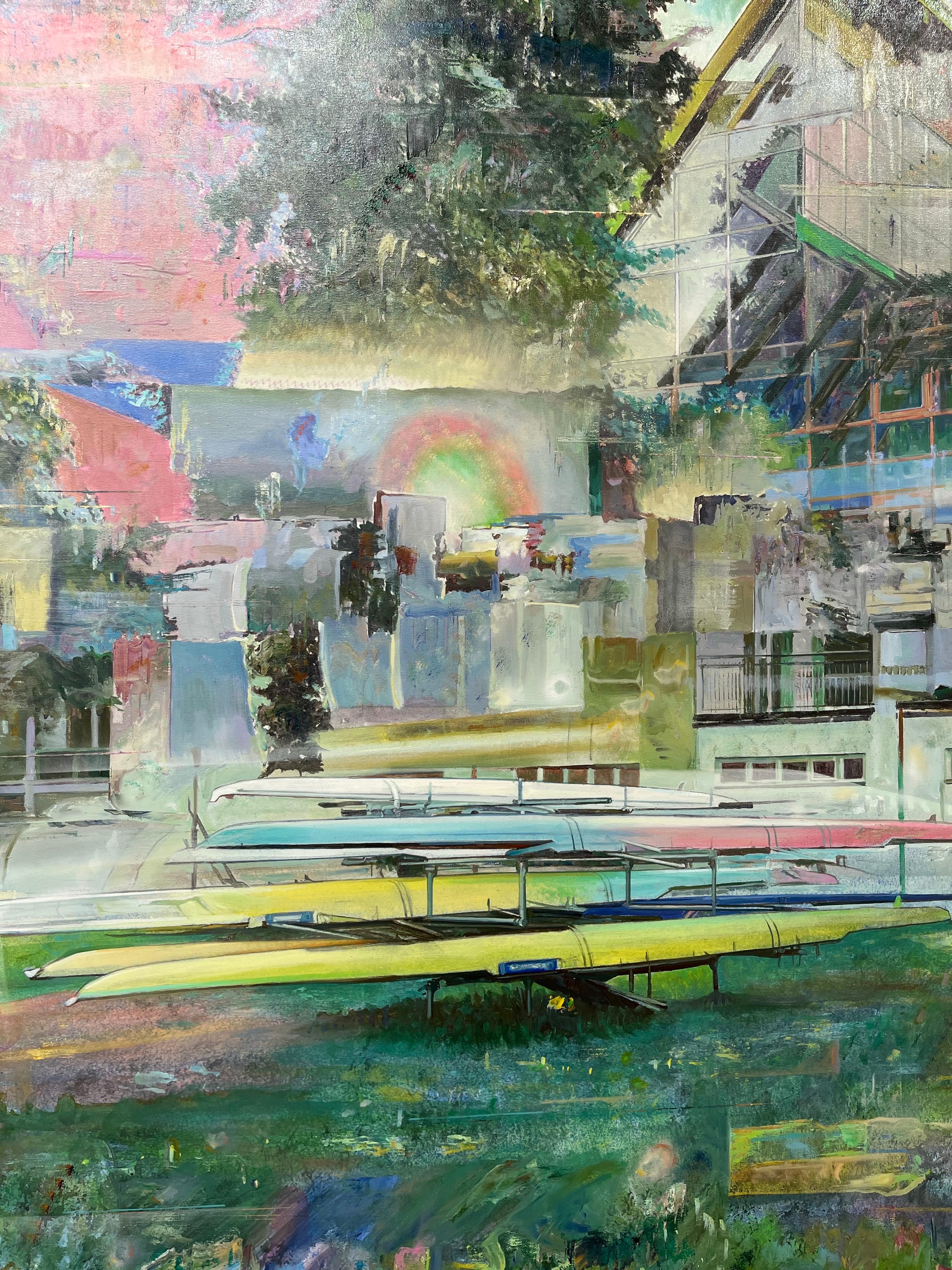 Bright Colours Realistic Oil on Canvas Painting - Cities - Landscape with Kayaks For Sale 5