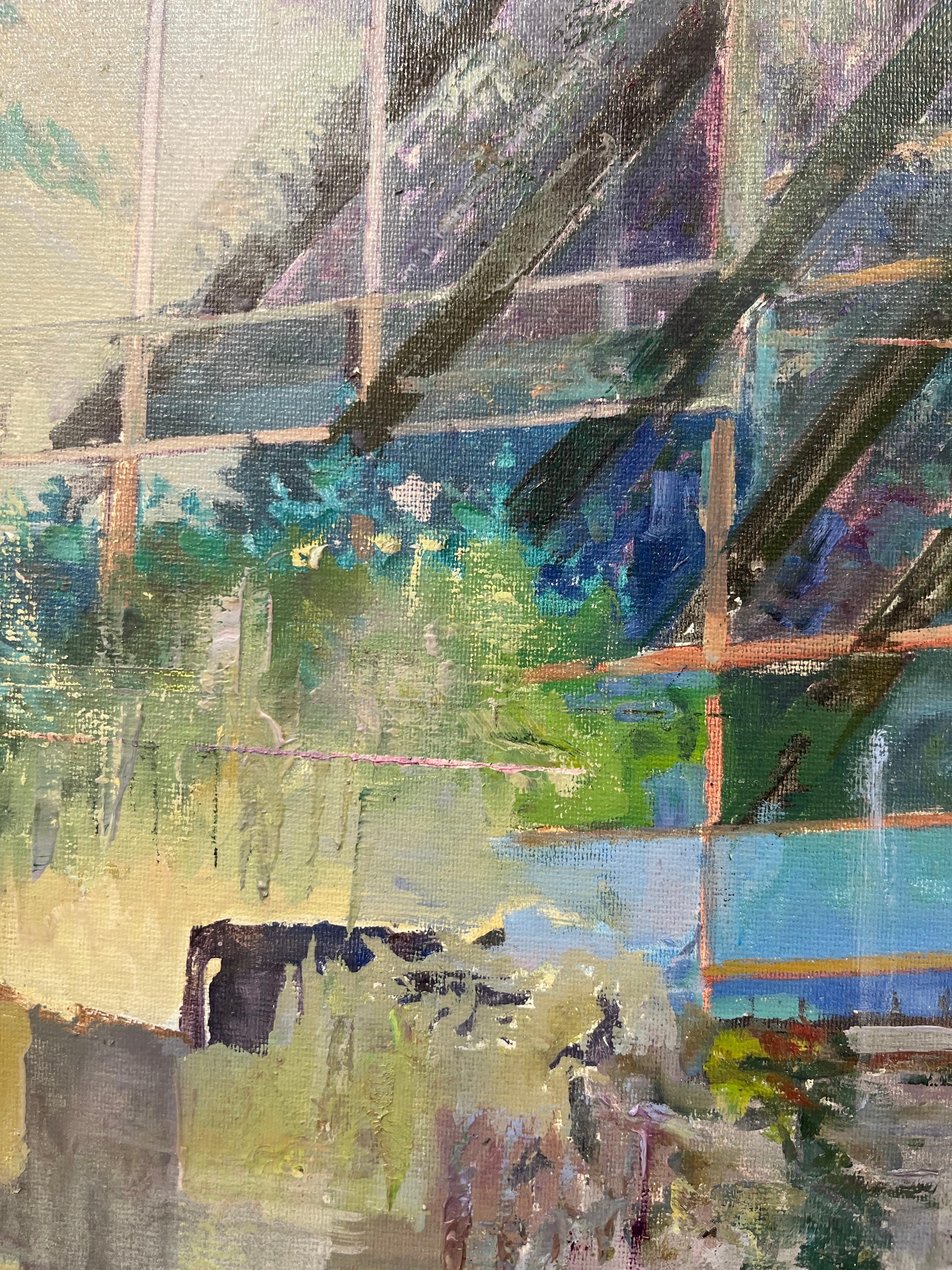 Bright Colours Realistic Oil on Canvas Painting - Cities - Landscape with Kayaks For Sale 6