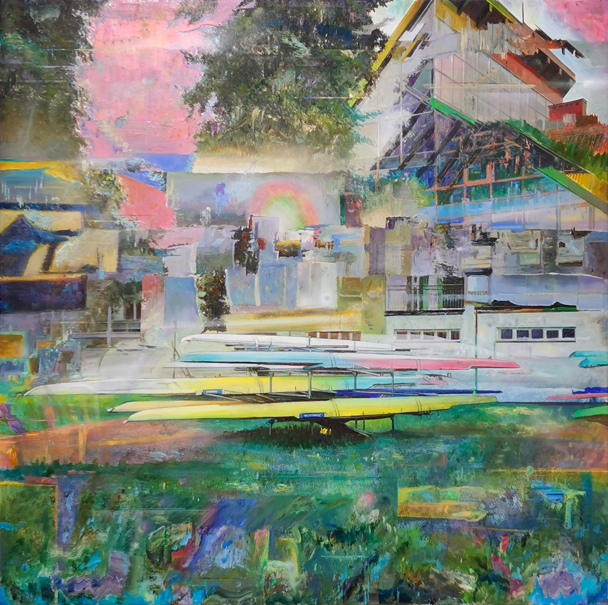 Rodion Petroff Landscape Painting - Bright Colours Realistic Oil on Canvas Painting - Cities - Landscape with Kayaks