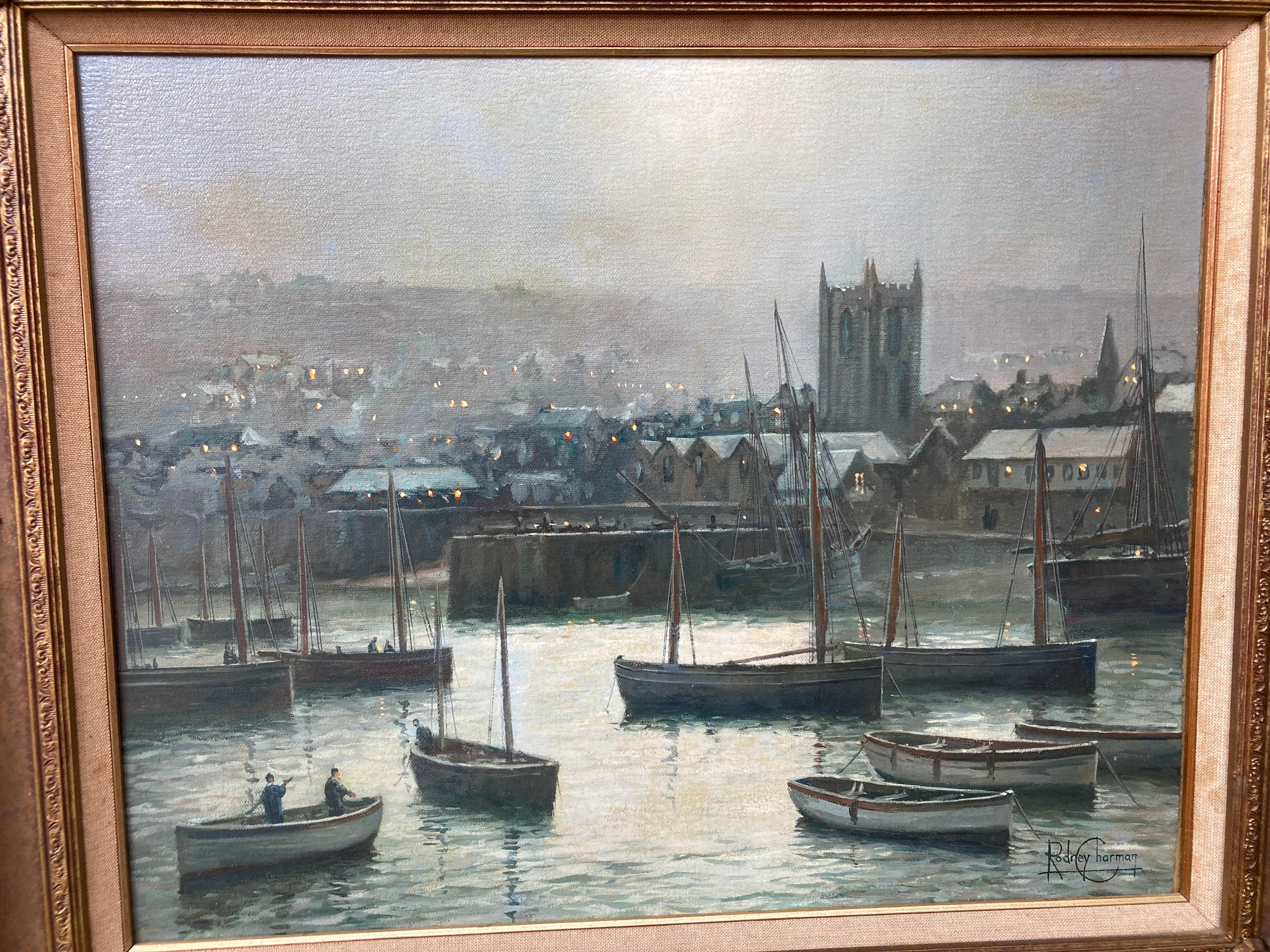 „Penzance, Cornwall Harbour by Night“, Hafen, Boote und Kirche von Mondlicht, Öl