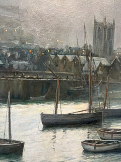Zeitgenössisches traditionelles Marine-Ölgemälde von Penzance Hafen von Nacht