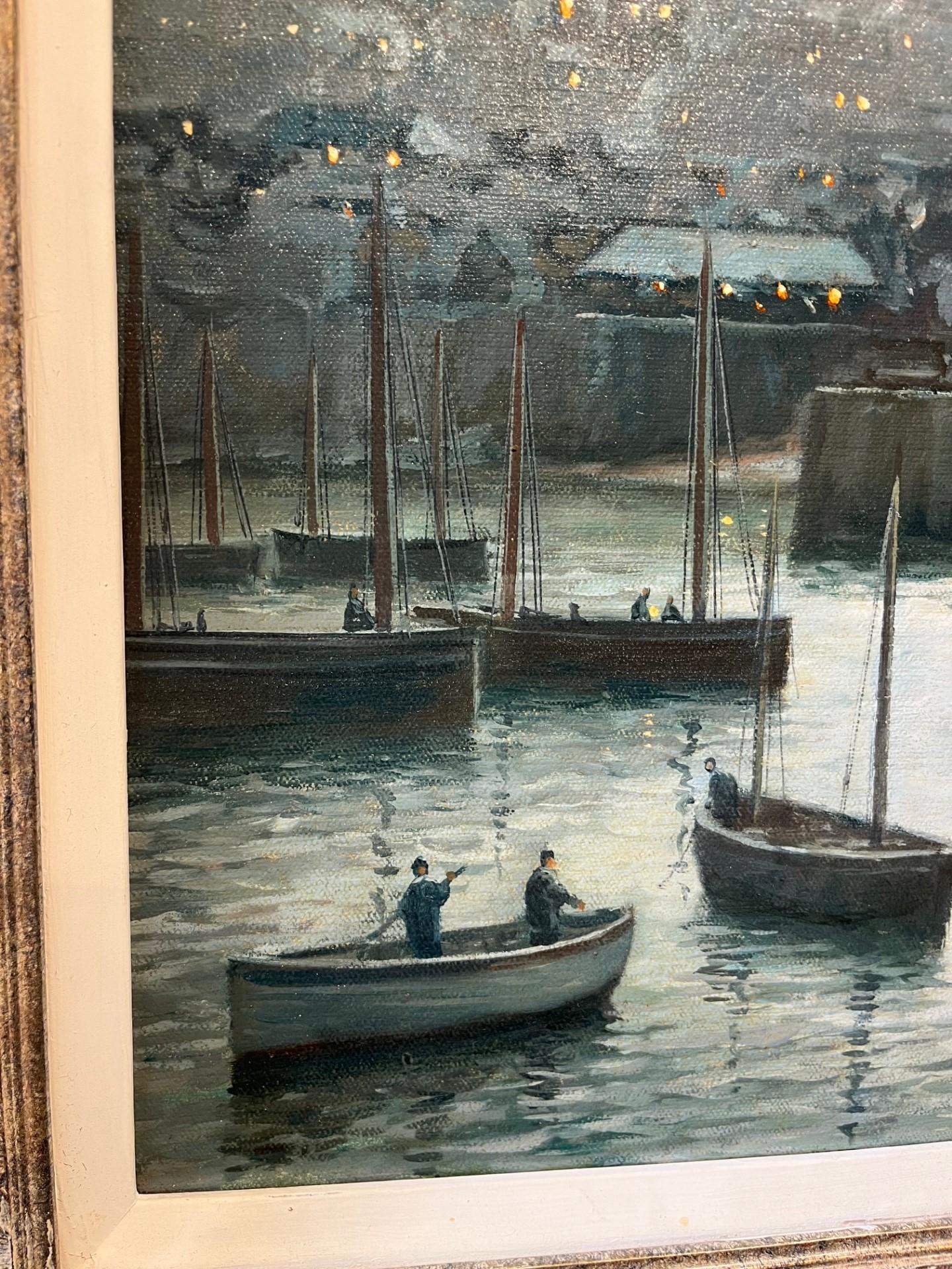 Contemporary Traditional Marine Oil Painting of  Penzance Harbour by Night with church in background and boats in the Harbour.

Rodney Charman is a British Painter who specialised in marine scenes.  He first began painting at the age of 21 and his
