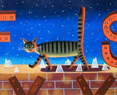 Bright Lights Big City Neon Cat, painting, by Rodney Forbes, blue, red,