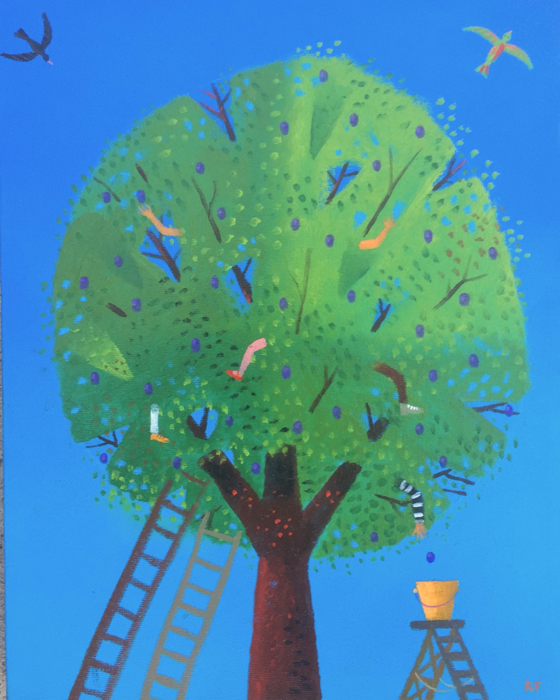 Children Picking Plums, oil painting, green, blue, birds, kids, humor, ladders