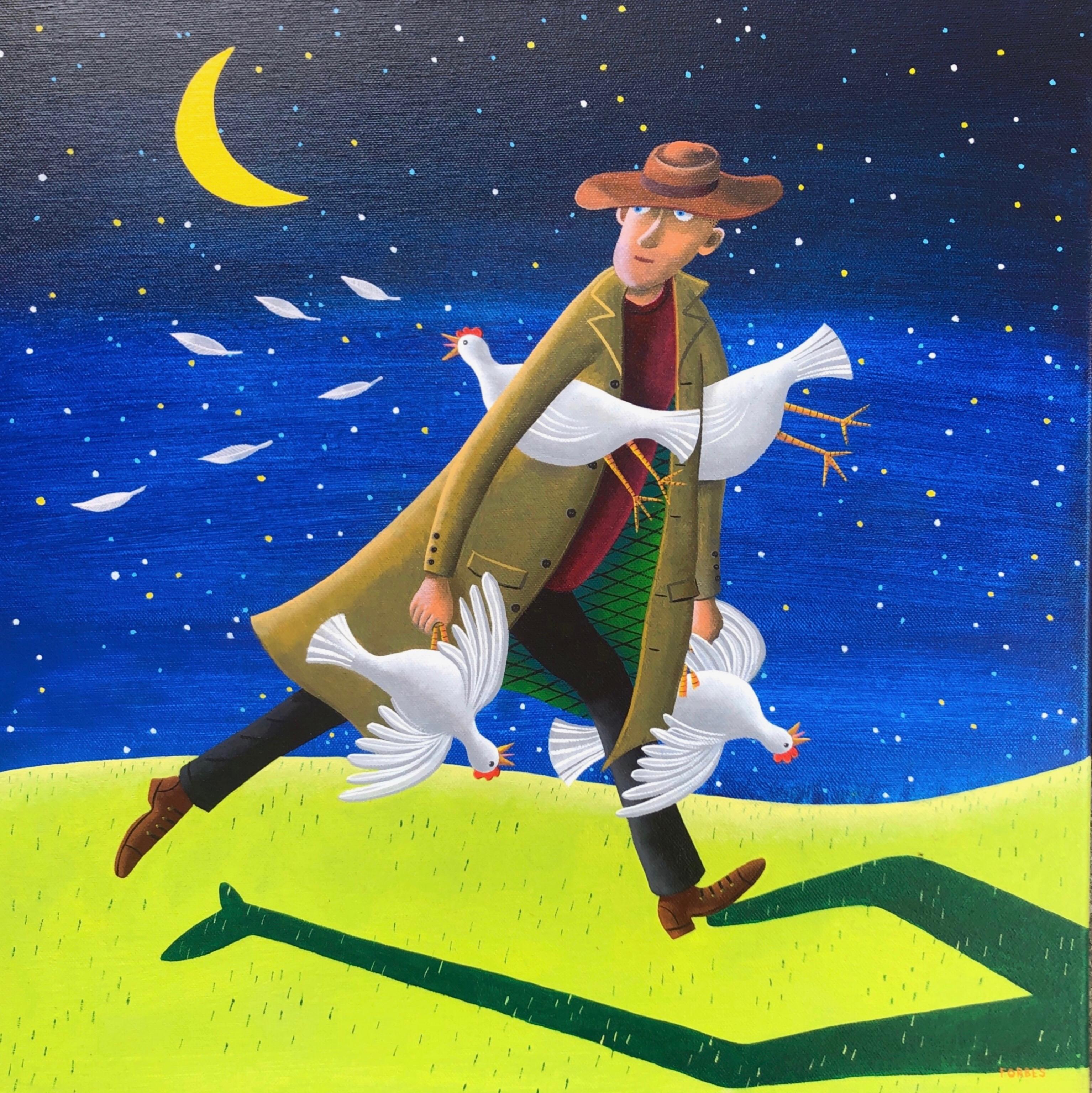 Night of the Chicken Thief, painting, by Rodney Forbes, Australia, humor, blue