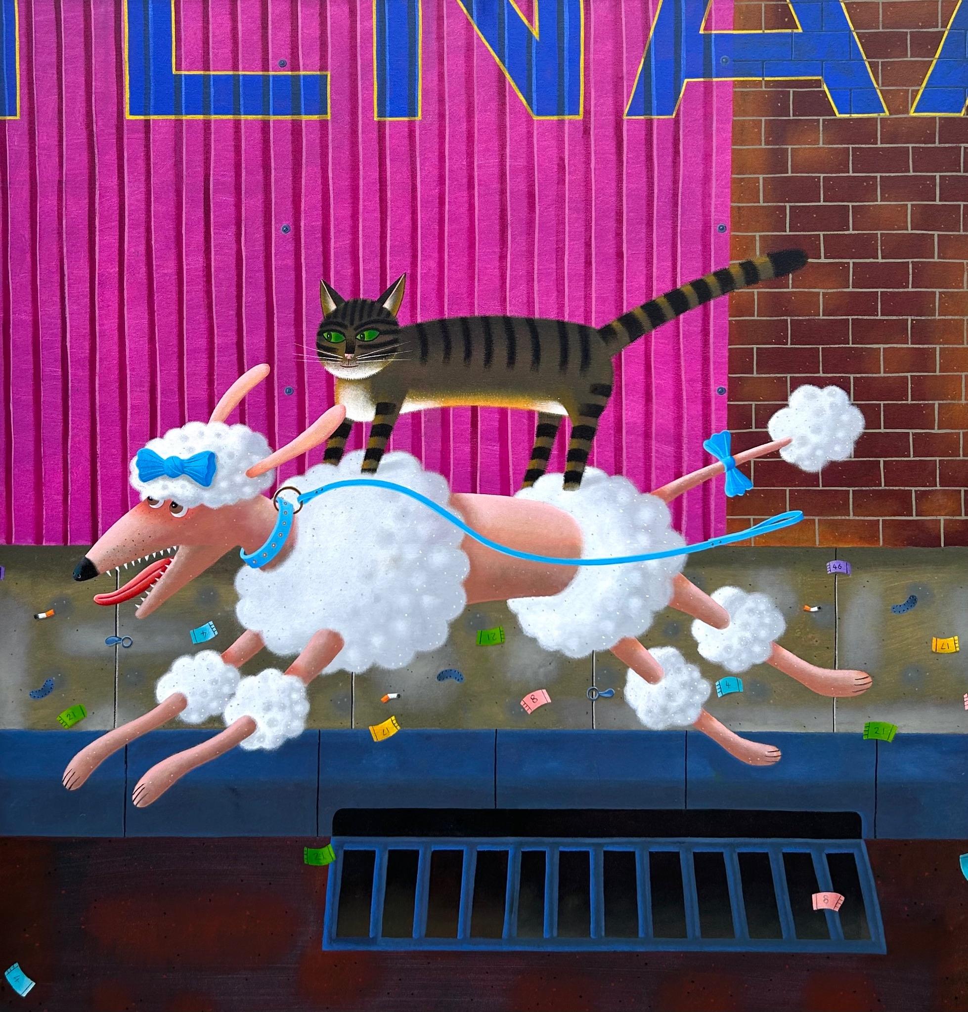 Raoul y Leo, pintura al óleo, por Rodney Forbes, caniche, gato, rosa, humor