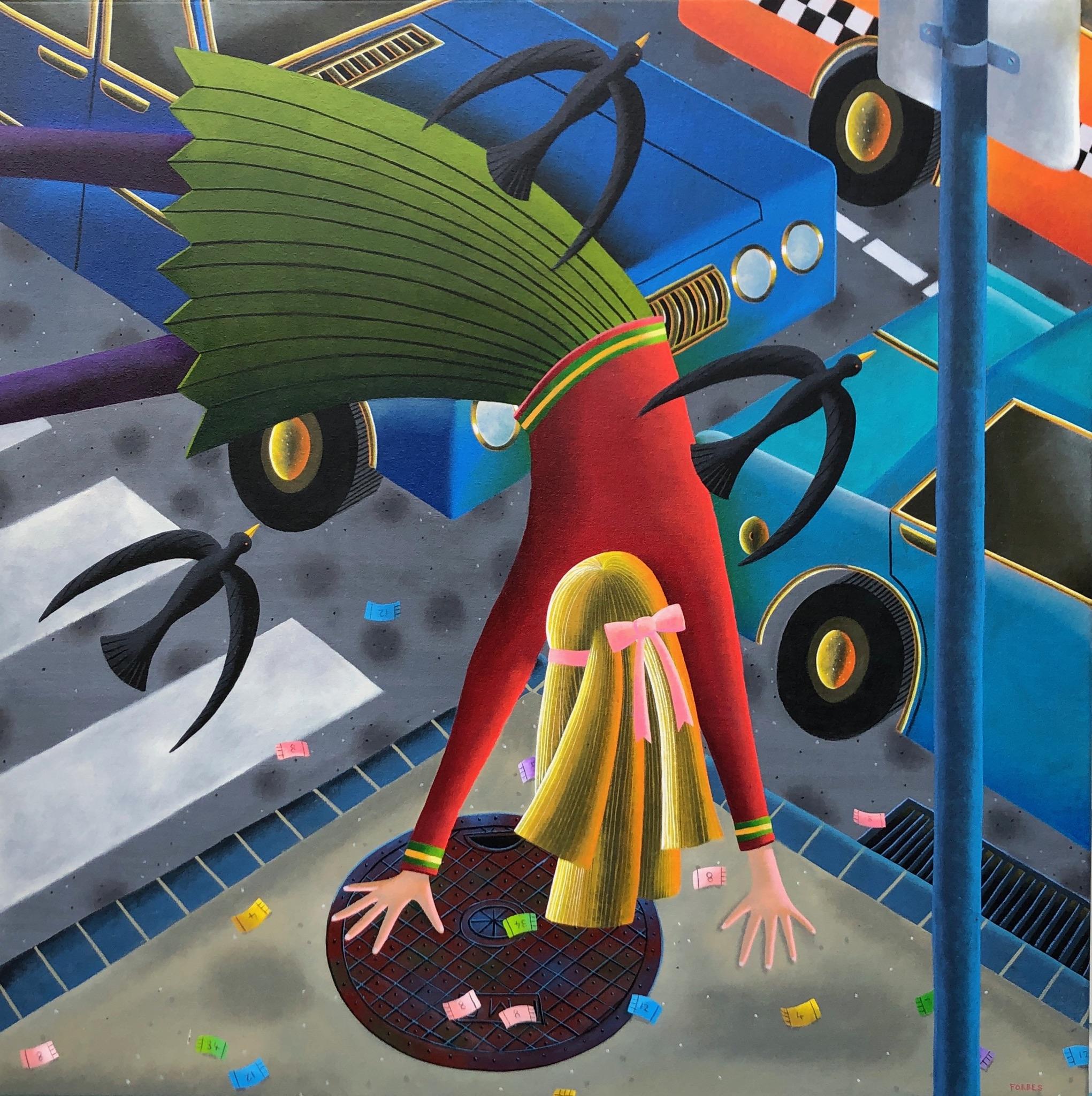 Somersault, olio su tela, dipinto, di Rodney Forbes, Australia, uccelli, automobili in vendita 1