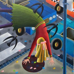 Somersault, oil on canvas, painting, by Rodney Forbes, Australia, birds, cars