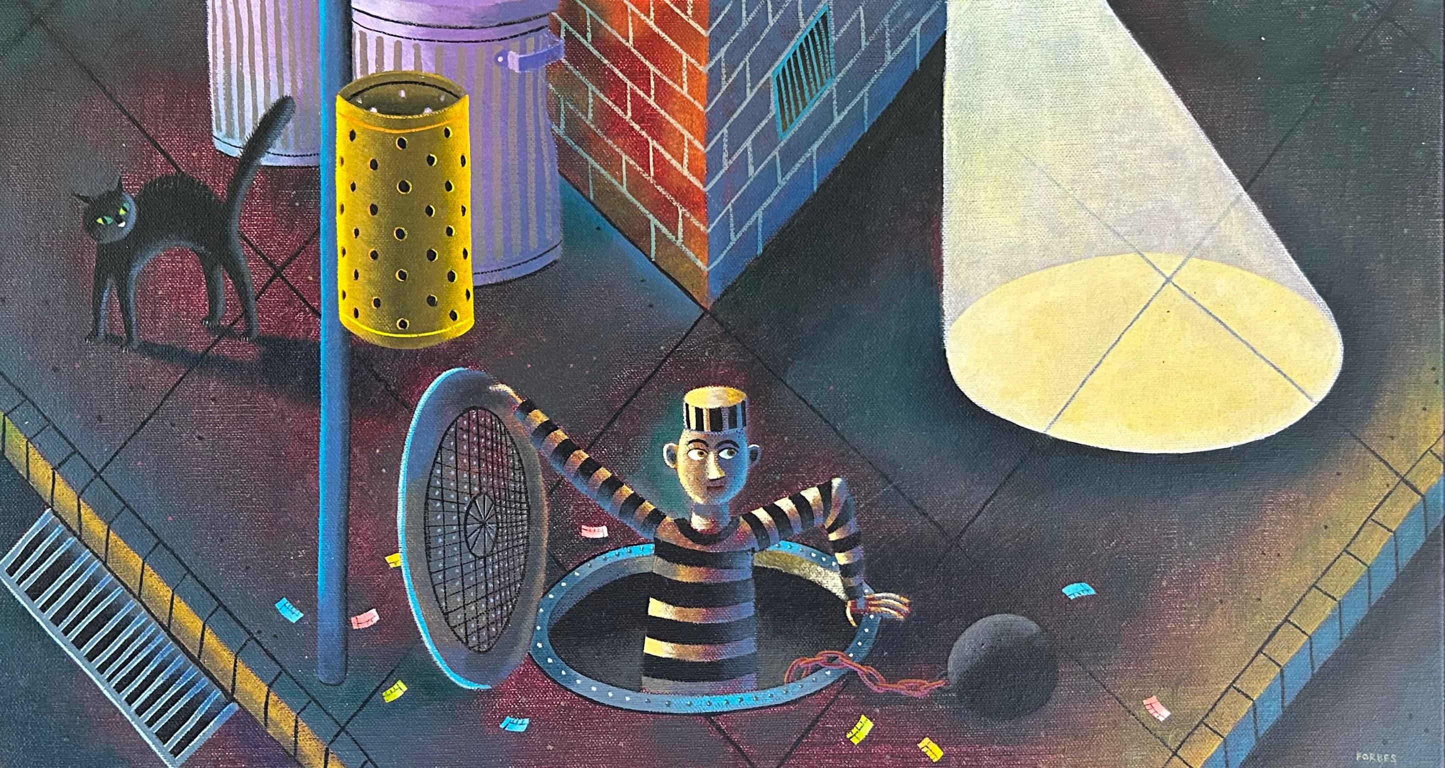 Cuál fue tu primera escapada, óleo, pintura, por Rodney Forbes, humor, ciudad, gato



