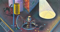 What was Your First Escape, oil, painting, by Rodney Forbes, humor, city, cat