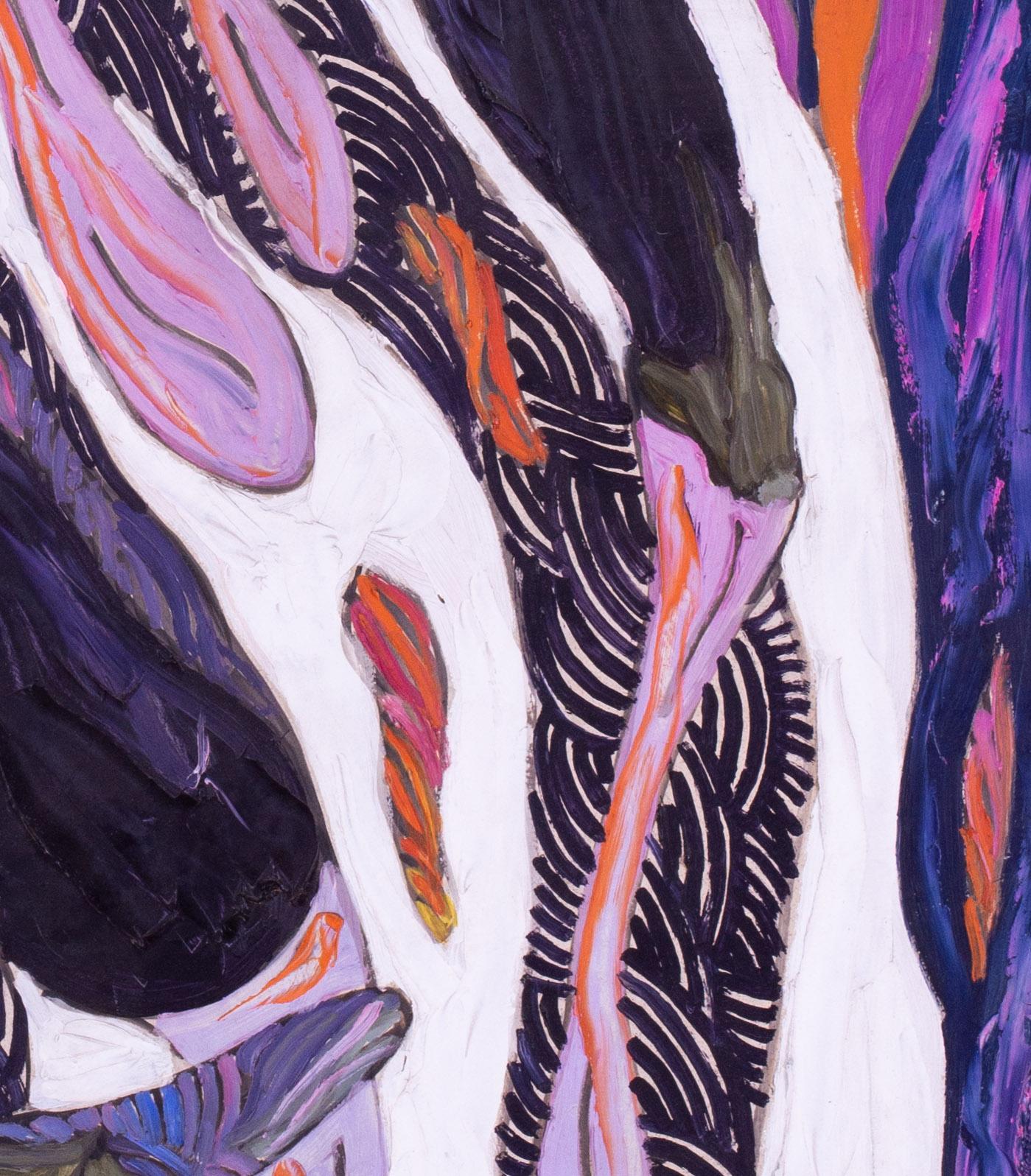 Peinture à l'huile moderne britannique du milieu du siècle représentant des aubergines sur fond violet et blanc  - Painting de Rodney Gladwell