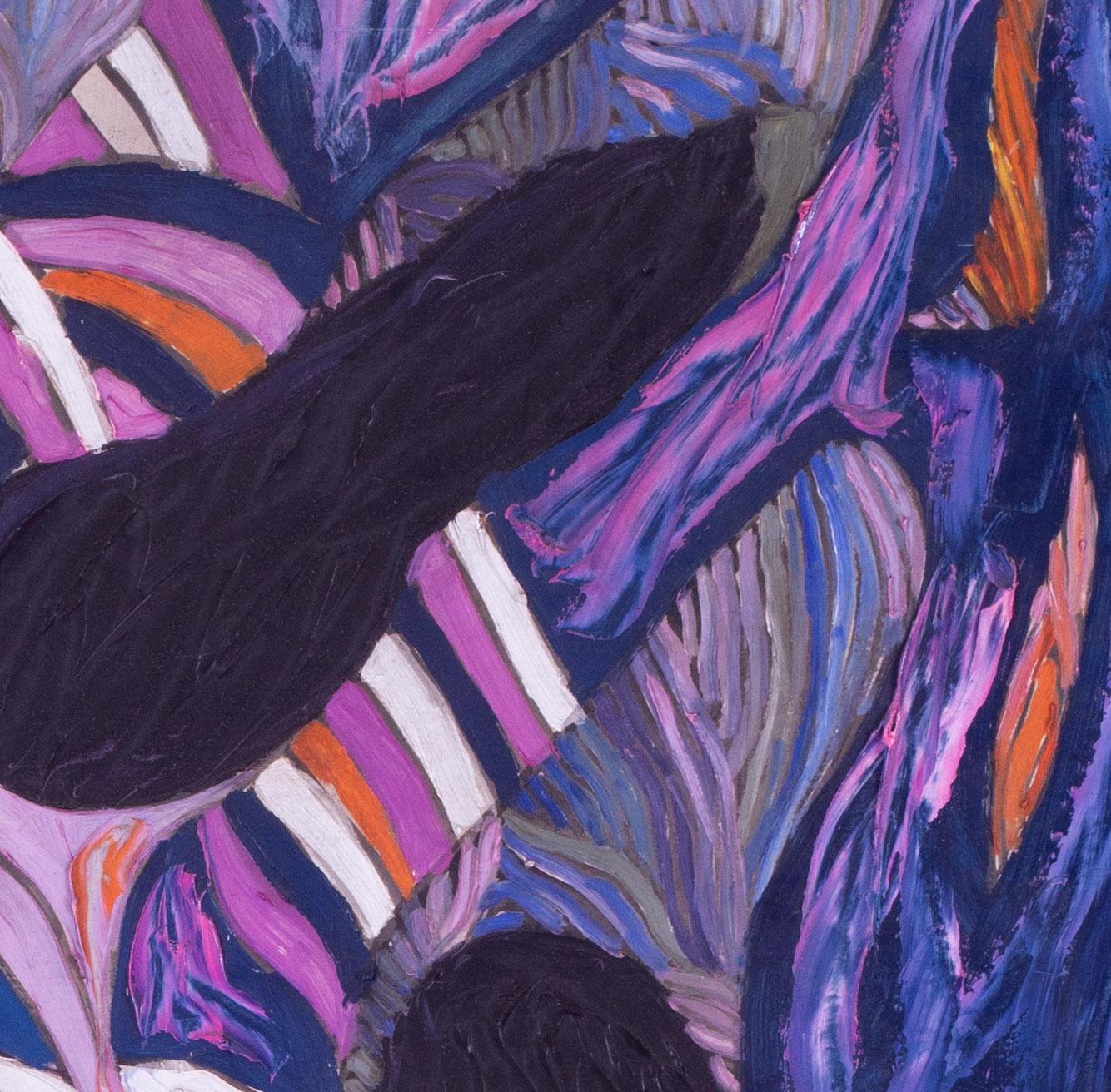Peinture à l'huile moderne britannique du milieu du siècle représentant des aubergines sur fond violet et blanc  - Moderne Painting par Rodney Gladwell