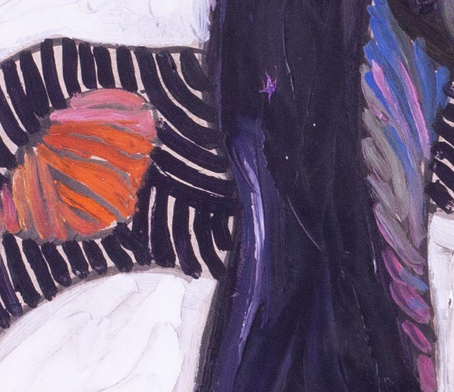 Peinture à l'huile moderne britannique du milieu du siècle représentant des aubergines sur fond violet et blanc  - Violet Abstract Painting par Rodney Gladwell