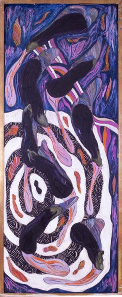 Peinture à l'huile moderne britannique du milieu du siècle représentant des aubergines sur fond violet et blanc 
