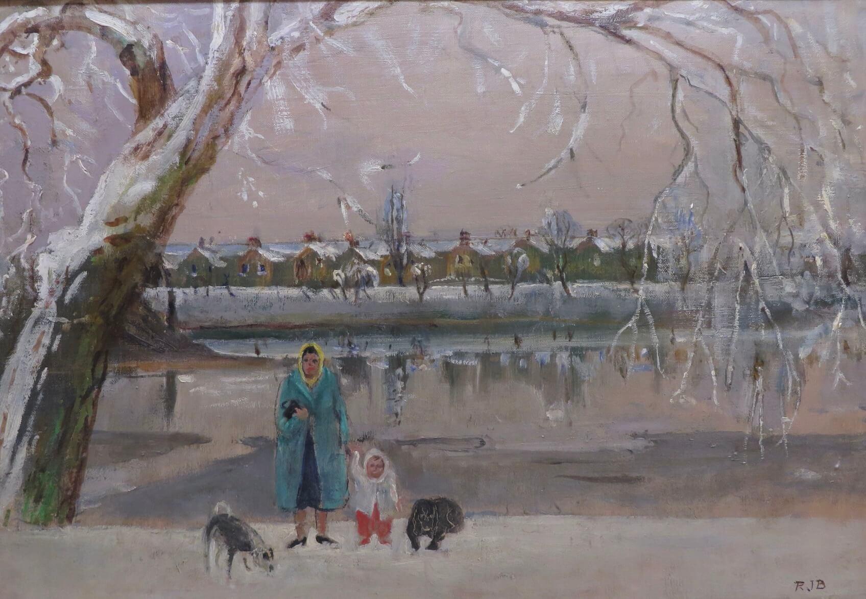 RODNEY JOSEPH BURN (1899-1984) Ölgemälde LONDON RIVER THAMES CHISWICK WINTER (Post-Impressionismus), Painting, von rodney Joseph burn