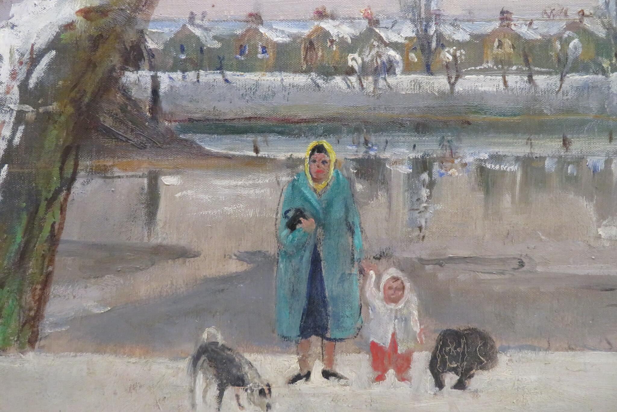 RODNEY JOSEPH BURN (1899-1984) Ölgemälde LONDON RIVER THAMES CHISWICK WINTER (Braun), Landscape Painting, von rodney Joseph burn