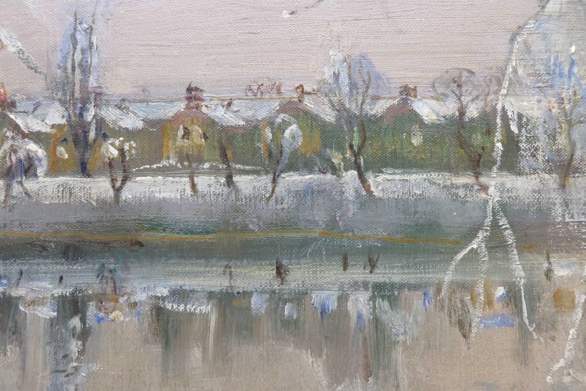 RODNEY JOSEPH BURN (1899-1984) Ölgemälde LONDON RIVER THAMES CHISWICK WINTER im Angebot 1