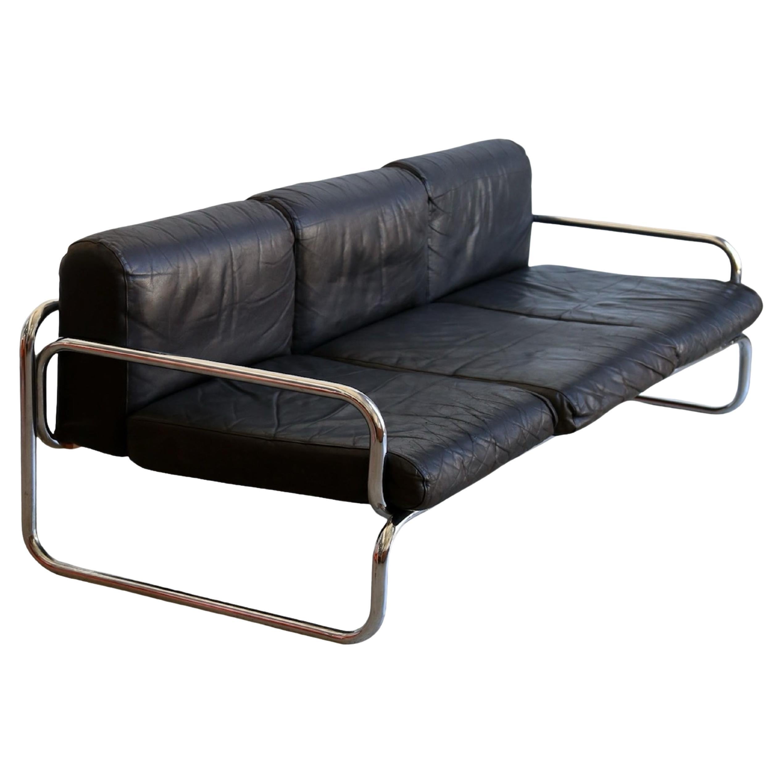 Rodney Kinsman for Omk Three Seat Black Leather Sofa