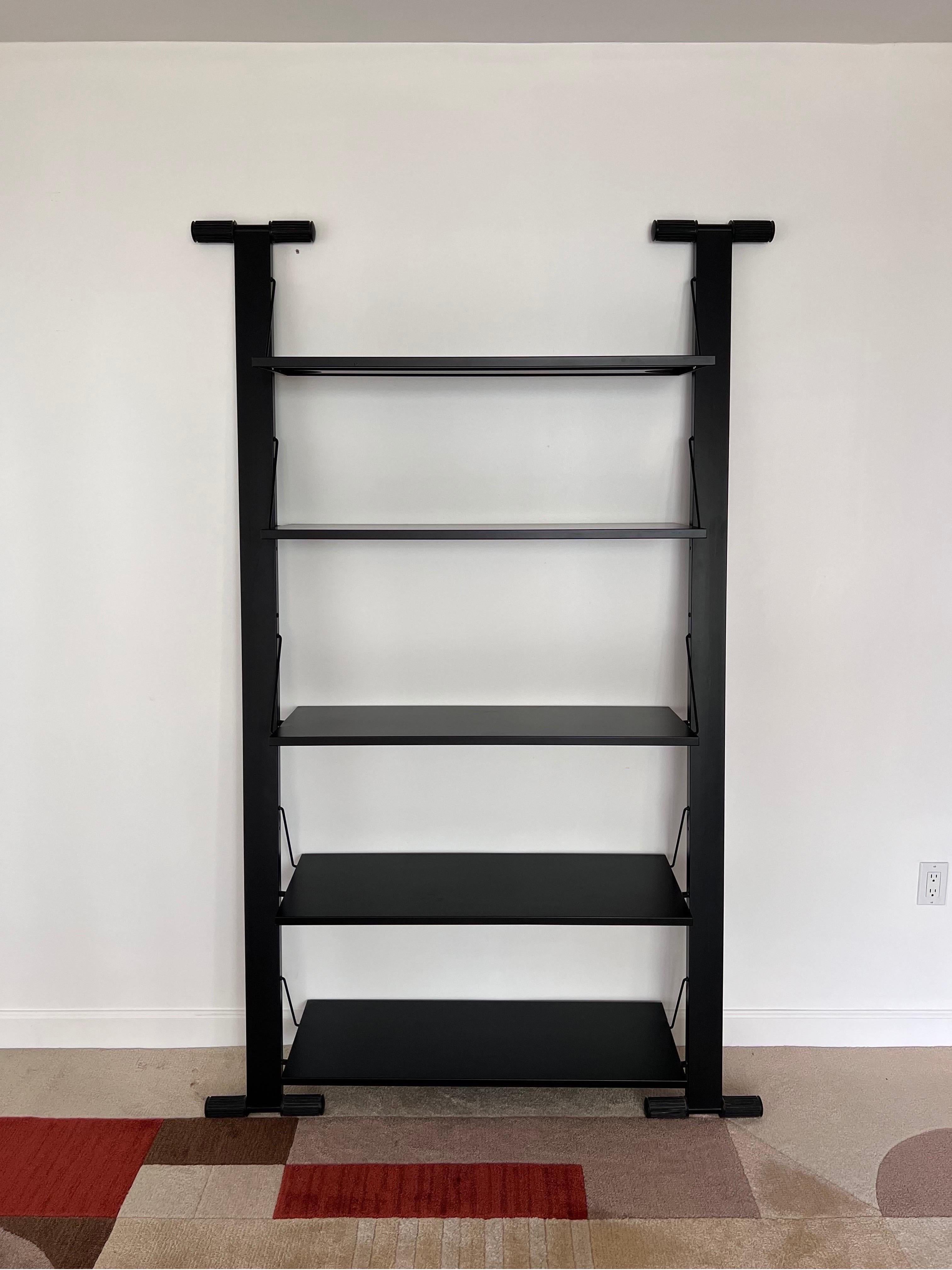 Black enameled postmodern bookcase with five shelves designed by Rodney Kinsman and manufactured by Bieffeplast, 1980s.