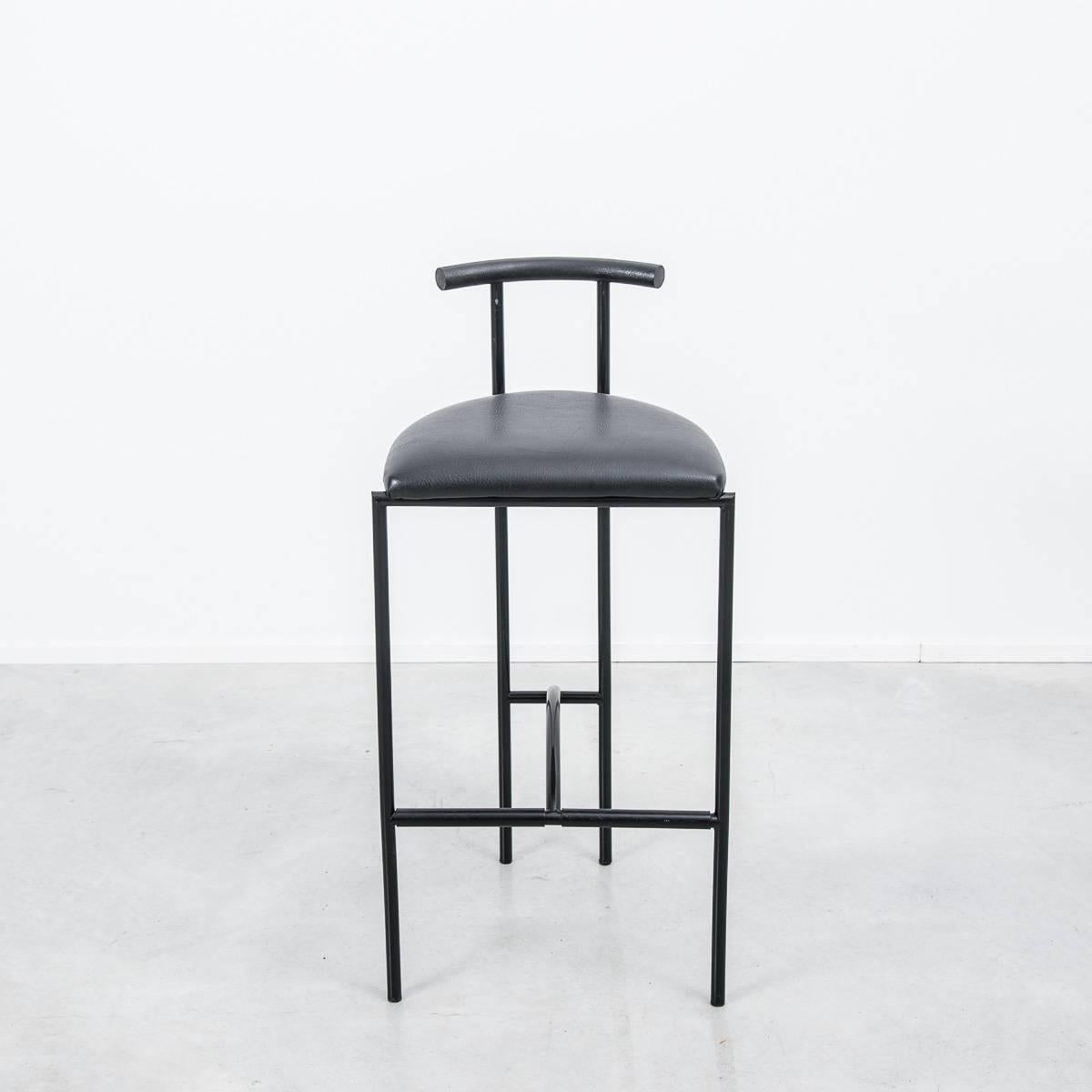 It’s all about the lines. Three original 1980s Tokyo bar stools designed by Rodney Kinsman for Italian manufacturer, Bieffeplast. Made from a black powder coated steel tubular steel frame with a black vinyl seat, they were original designed for