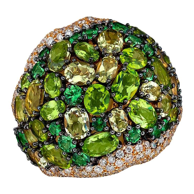 Rodney Rayner 18 Karat Gold, Diamond and Peridot Tsavorite and Lemon Quartz Ring For Sale