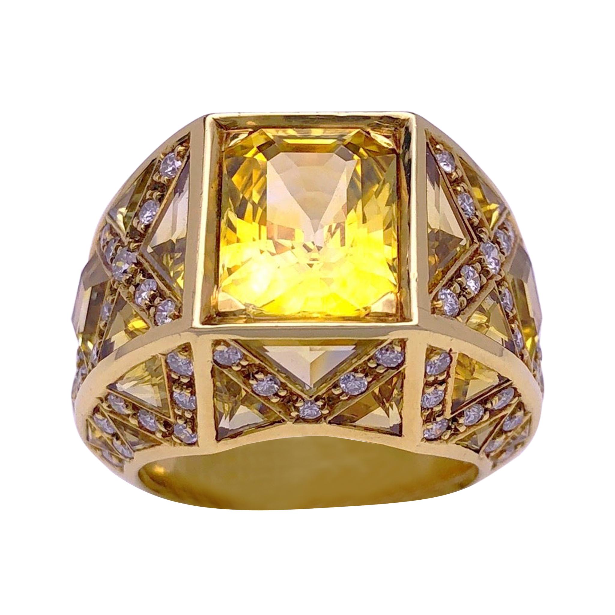 Rodney Rayner 18KT Gold Ring 9.27 Carat Yellow Sapphires and .85 Carat Diamonds For Sale