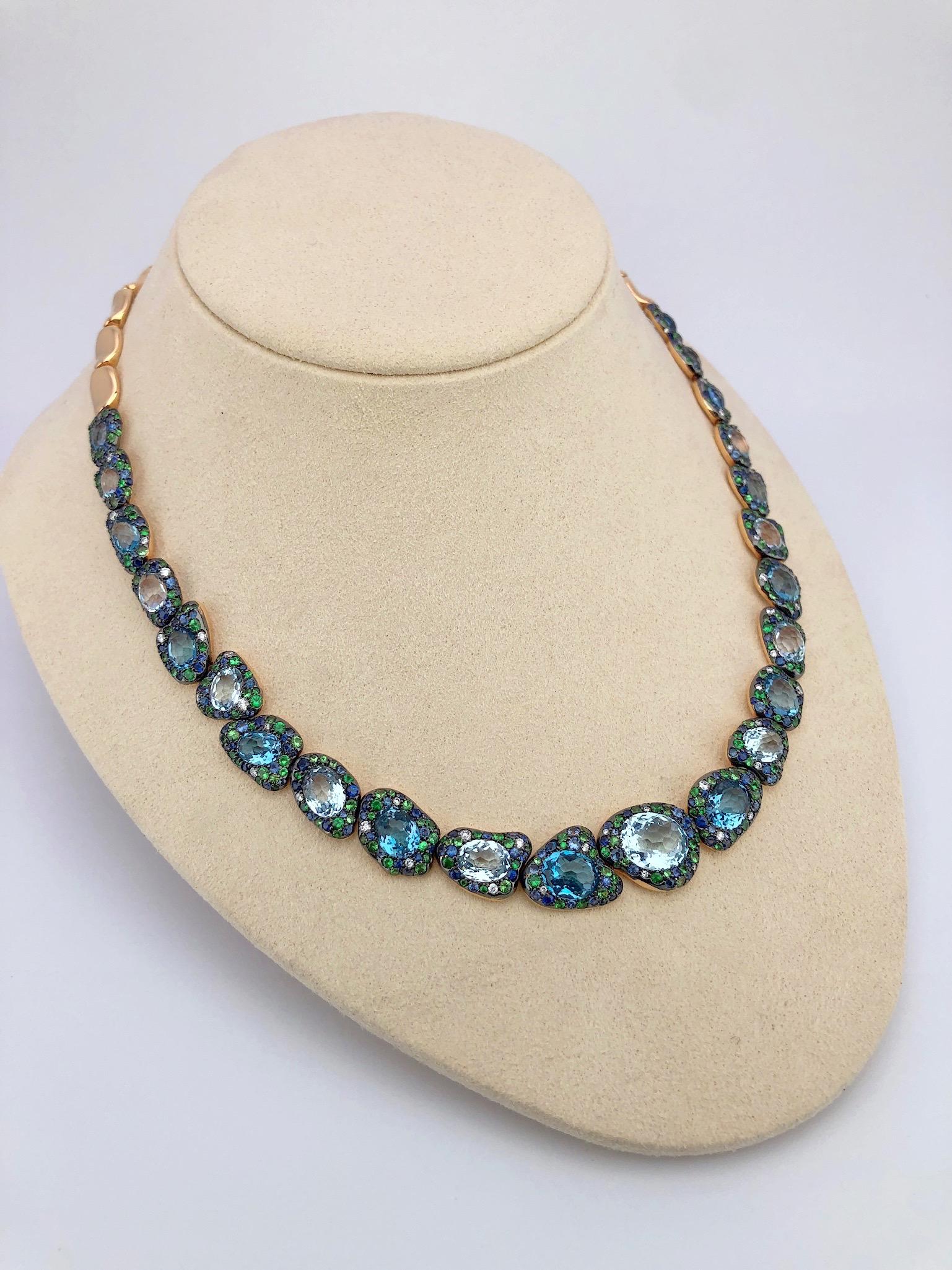 Rodney Rayner 18kt RG, Blue Sapphire, Blue Topaz, Tsavorite and Diamond Necklace 3