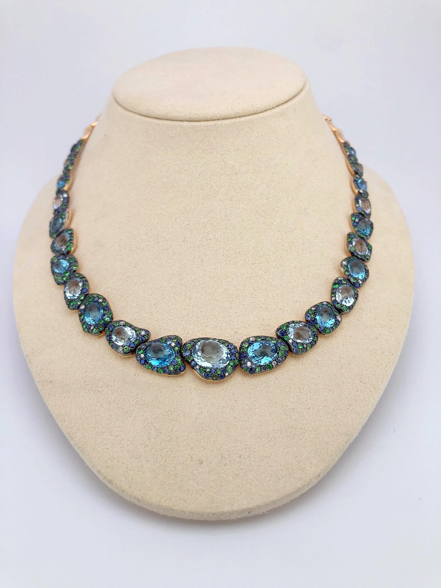 Rodney Rayner 18kt RG, Blue Sapphire, Blue Topaz, Tsavorite and Diamond Necklace 4